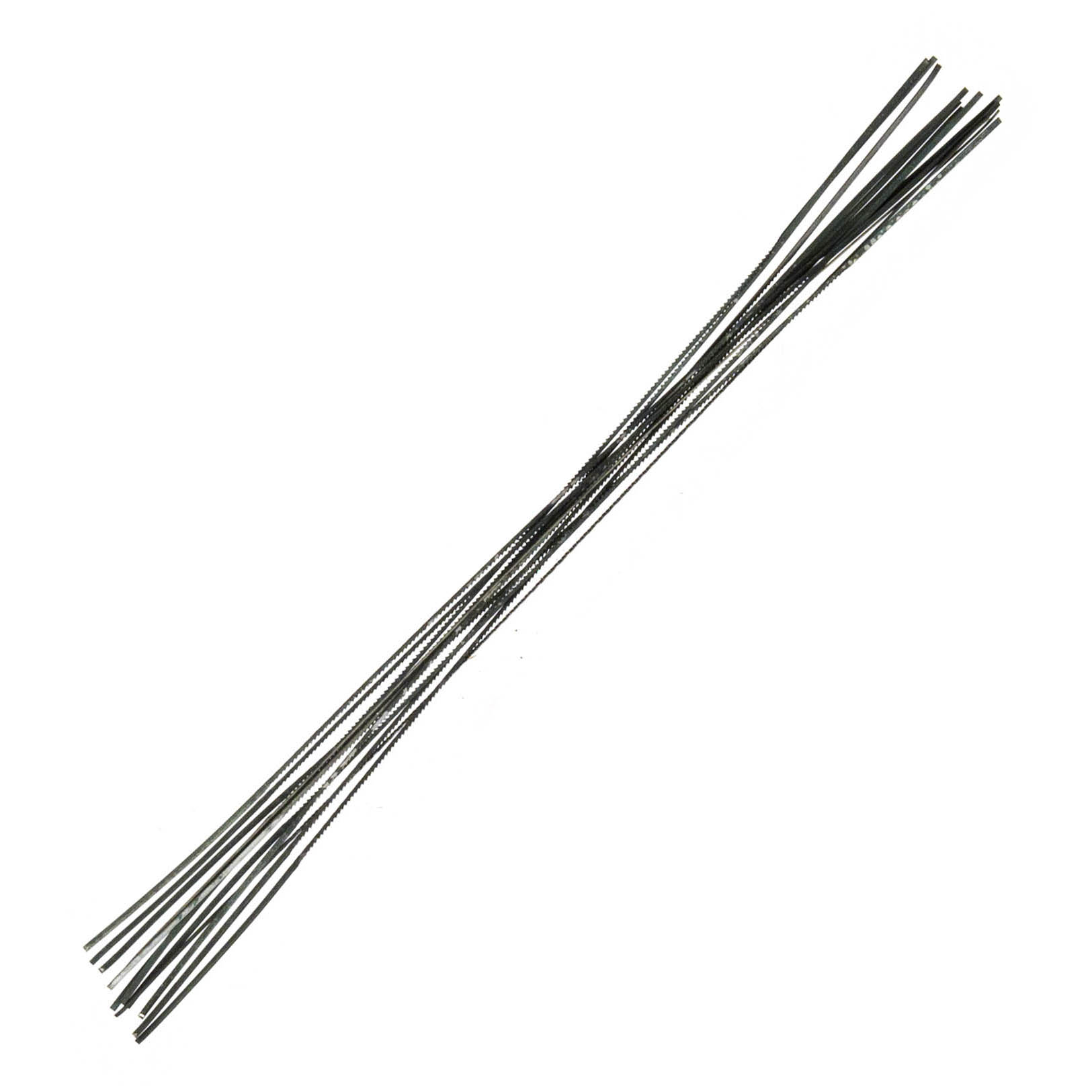Zwölf metallisch glänzende Laubsägeblätter der Größe 1, die dicht nebeneinander gestapelt sind. im Dregeno Online Shop günstig kaufen