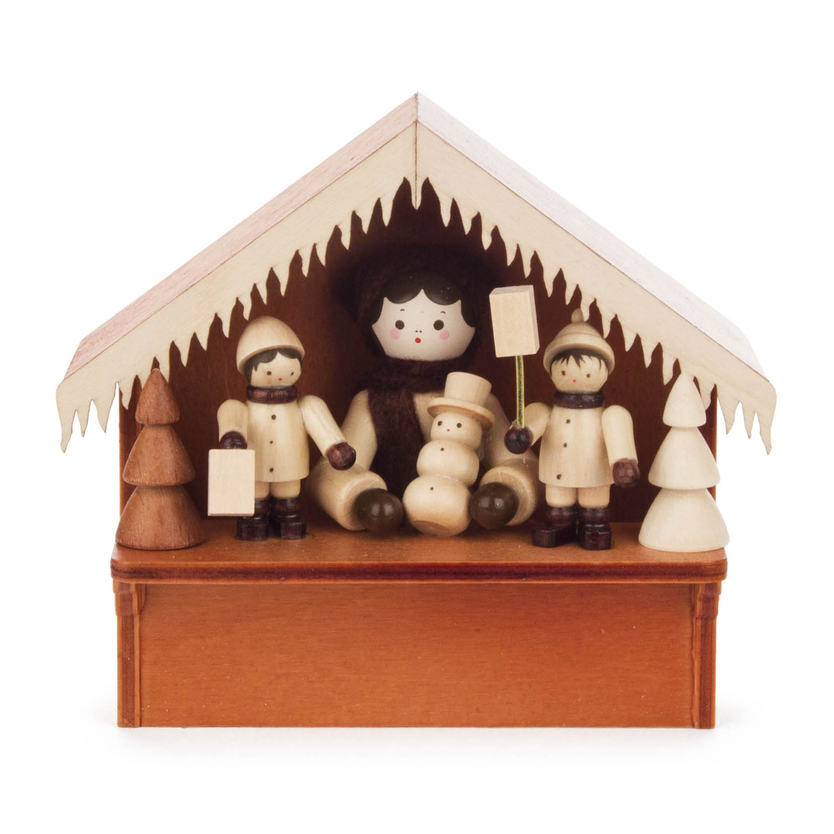 Holzfigur in Form einer Weihnachtsmarktbude, zeigt drei Laternenkinder mit Schneemann. Zwei Kinder halten Laternen in der Hand. im Dregeno Online Shop günstig kaufen