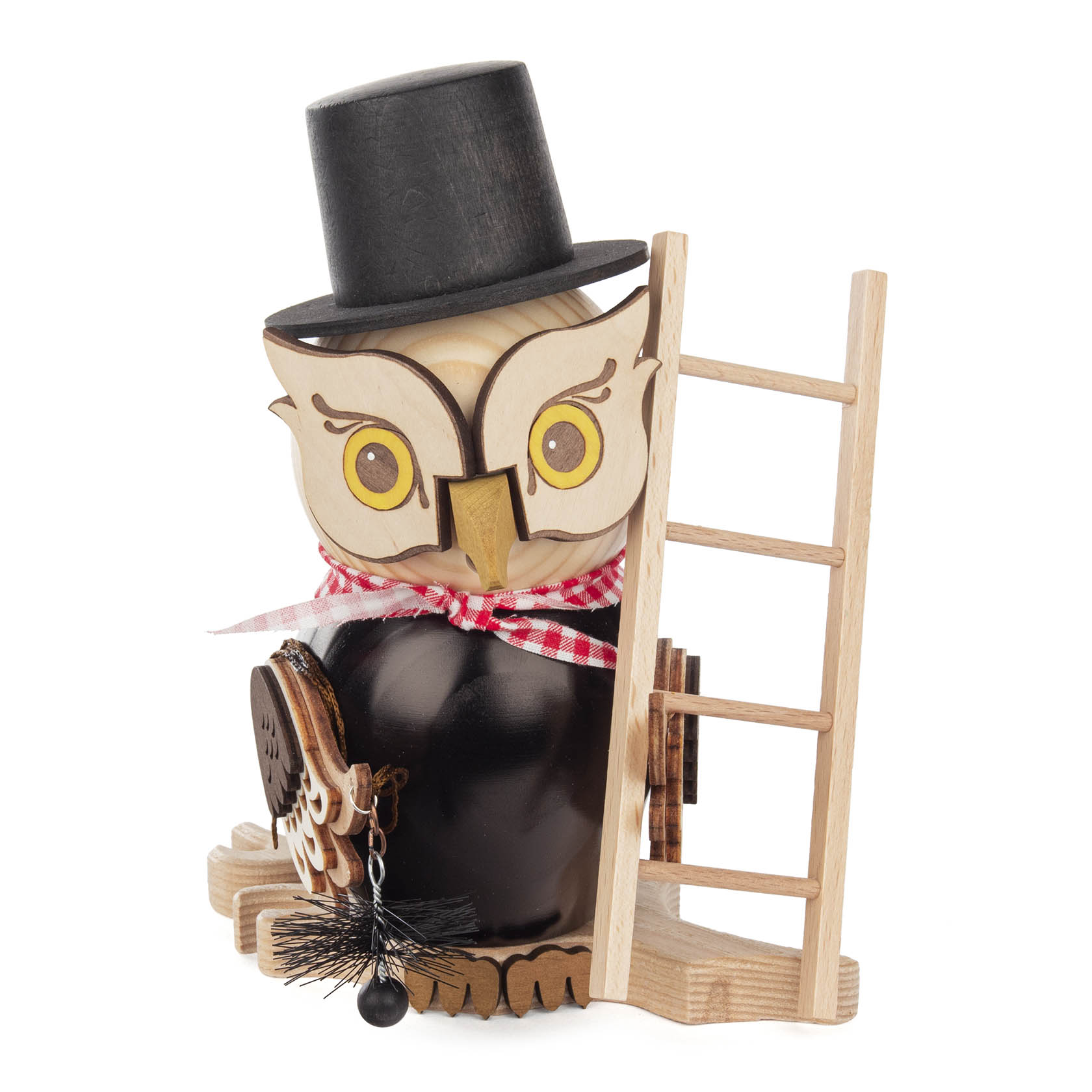 Holzeule mit großen Augen, schwarzem Zylinder und Schornsteinfegerbürste in der Hand, auf einem Holzsockel stehend, neben einer kleinen Leiter. im Dregeno Online Shop günstig kaufen