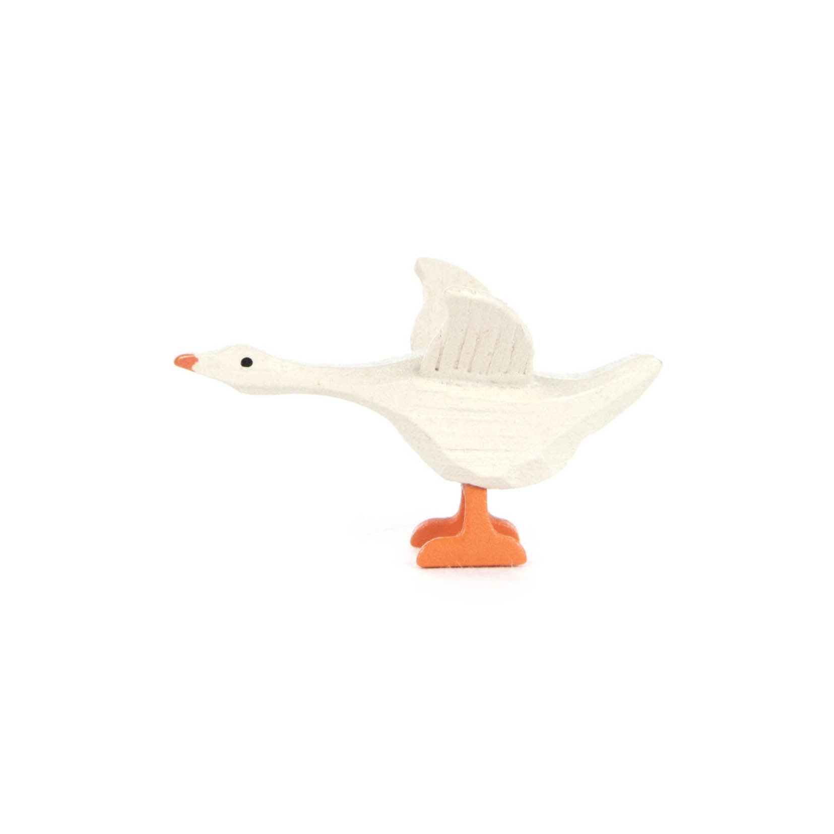 Eine minimalistische Holzfigur einer weißen Gans mit orangefarbenem Schnabel und Füßen, die im Profil dargestellt ist. im Dregeno Online Shop günstig kaufen