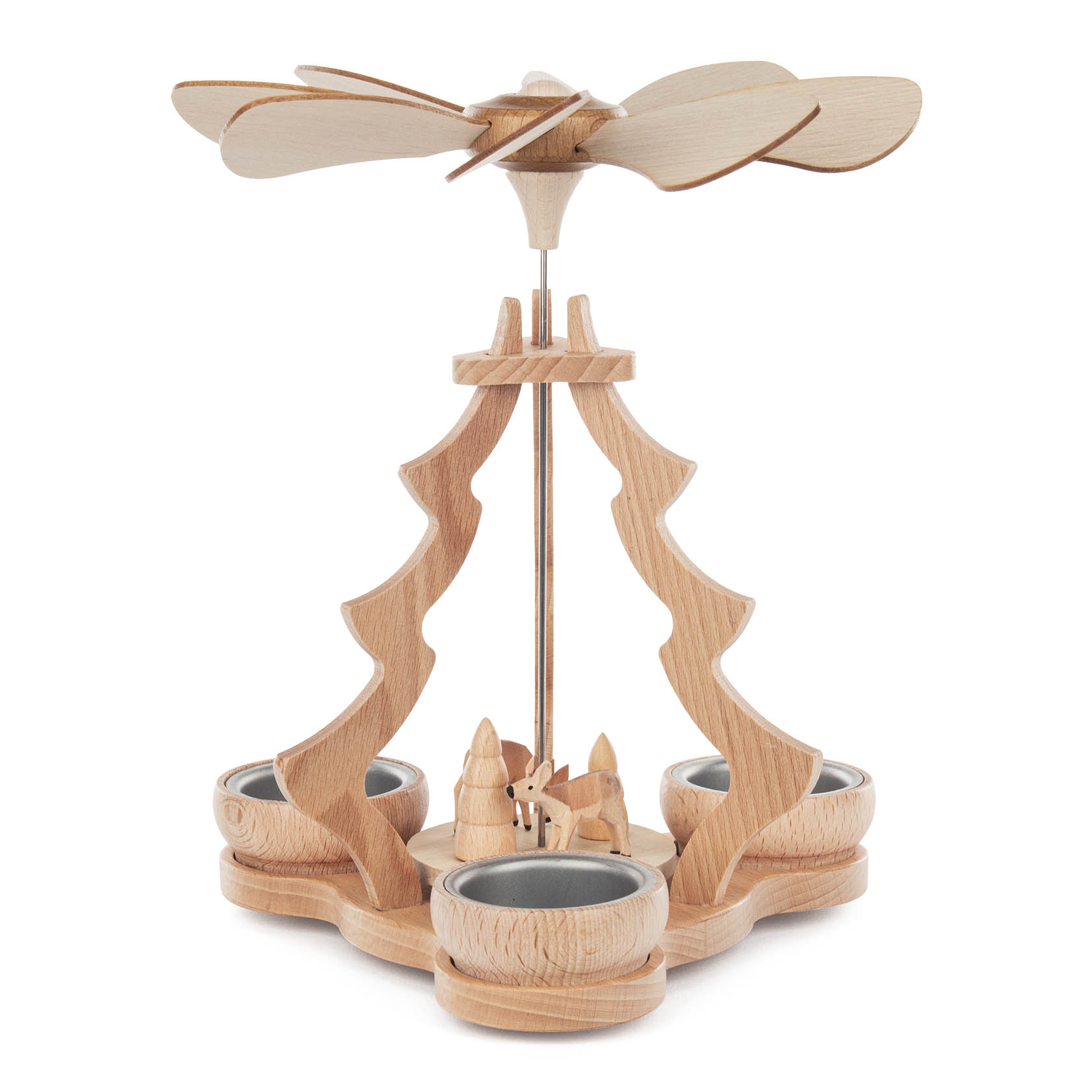 Holzpyramide mit Teelicht-Halterungen in Form von stilisierten Bäumen, auf einer Plattform stehen zwei Rehe und ein Baum, darüber ein großes Windrad. im Dregeno Online Shop günstig kaufen