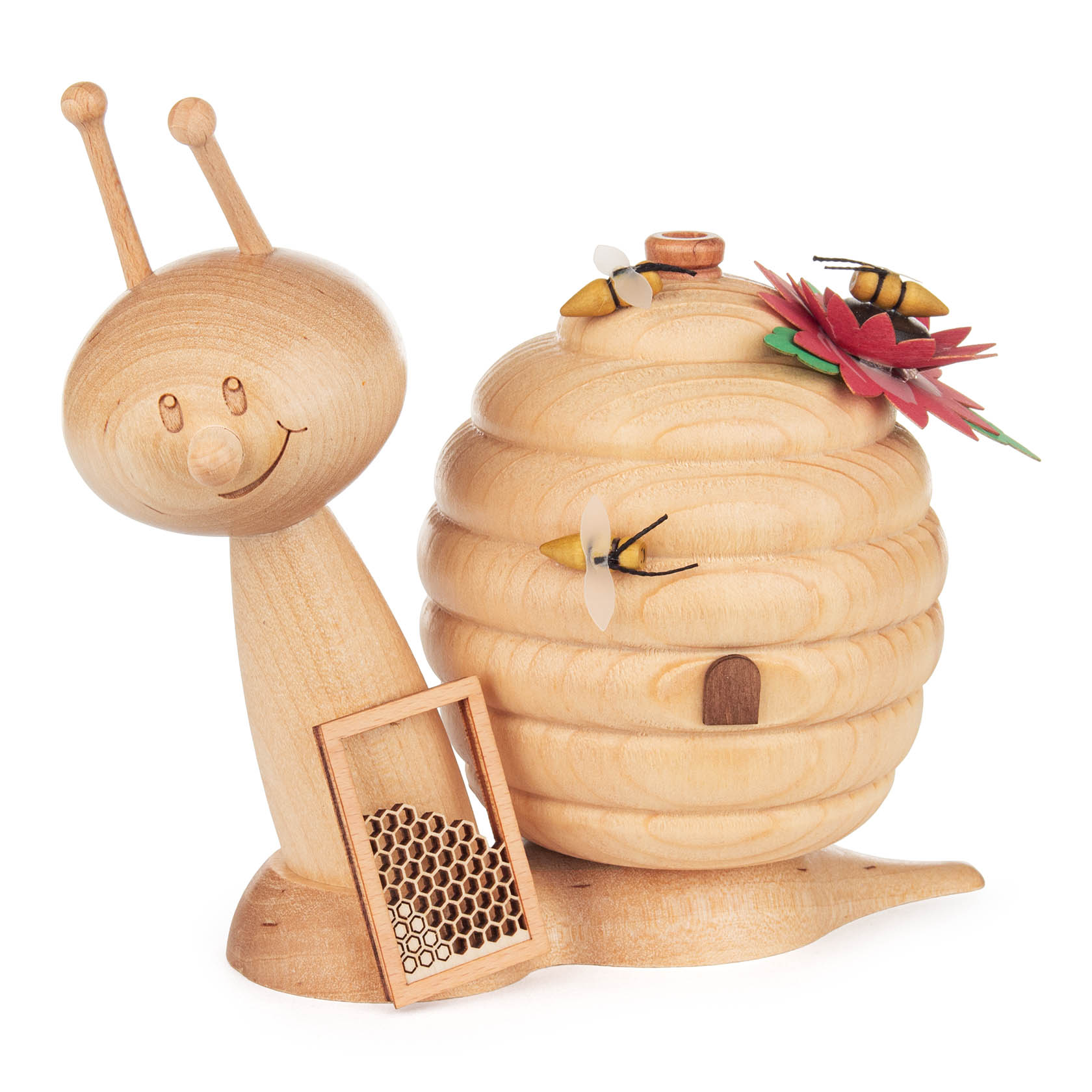 Holzfigur in Form einer Schnecke mit honigfarbenem Haus, dekoriert mit Blumen und Bienen, lächelndes Gesicht, aus deutschem Kunsthandwerk. im Dregeno Online Shop günstig kaufen