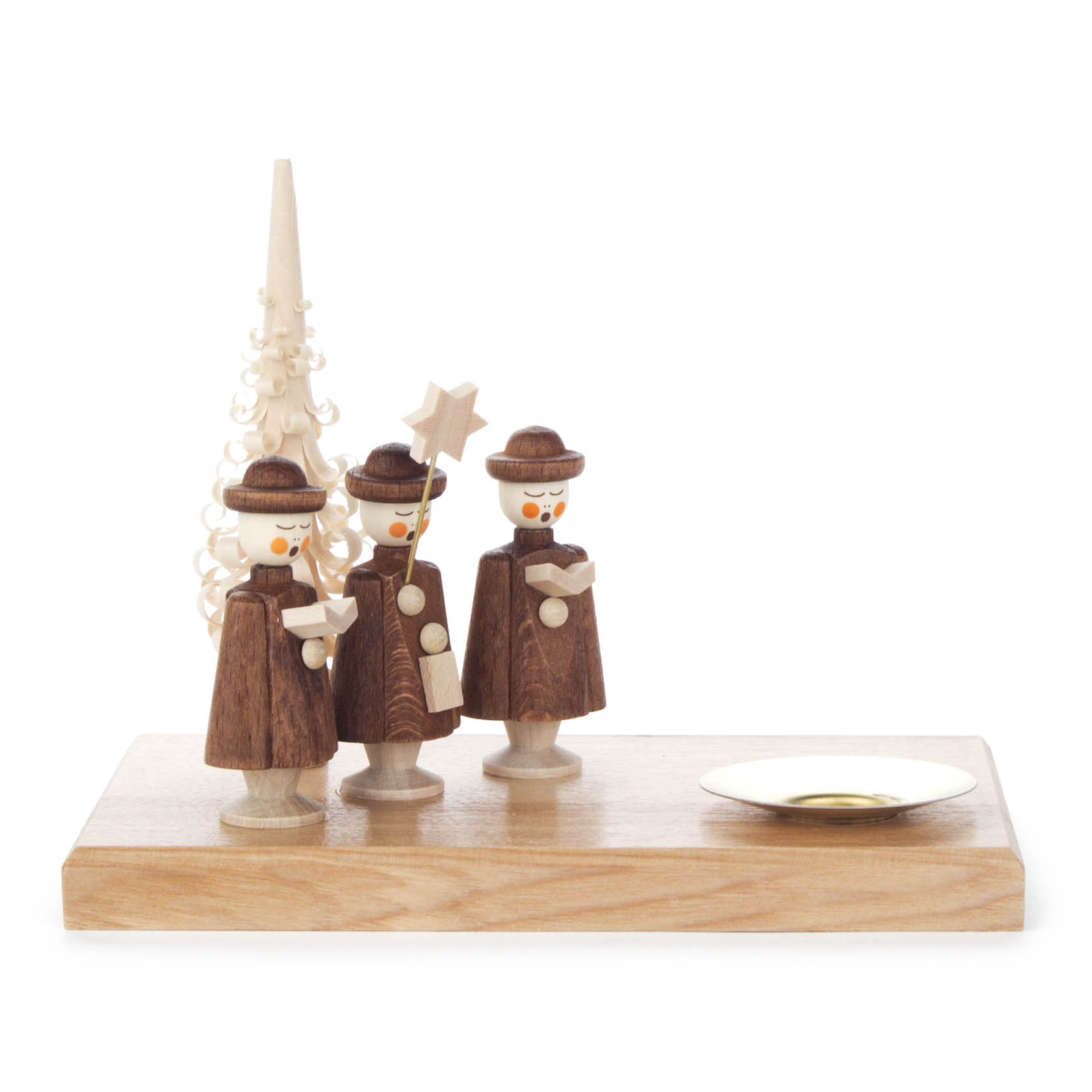 Holz-Kerzenhalter mit drei Kurrende-Sängerfiguren und einem Baum. Die Sänger tragen braune Kutten und Hüte, und einer hält einen Sternstab. im Dregeno Online Shop günstig kaufen