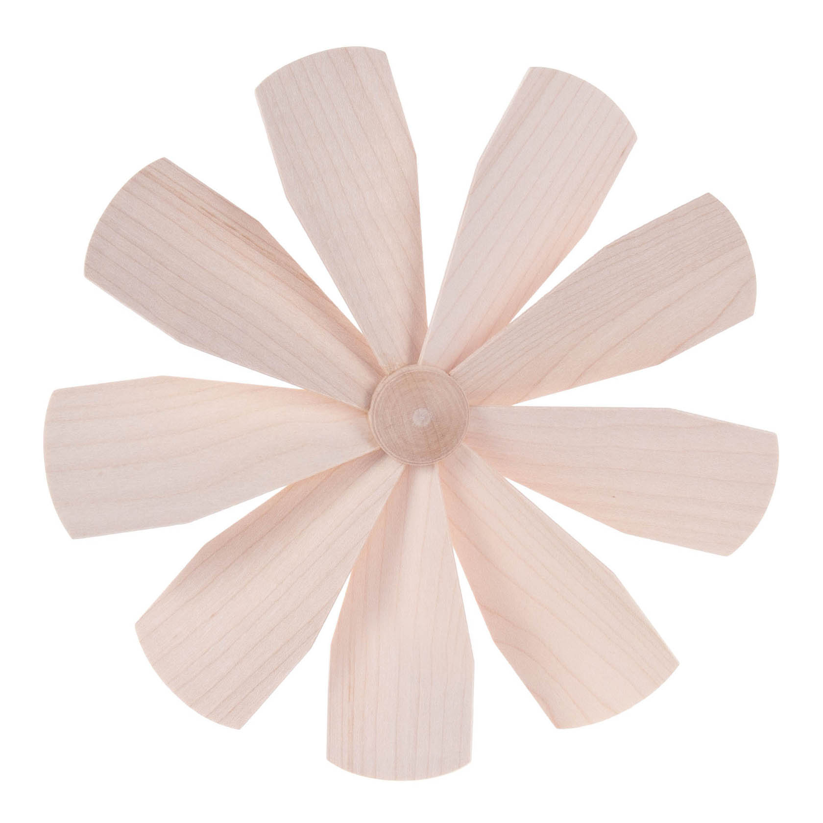 Ein hölzernes Flügelrad mit acht gebogenen Flügeln, die symmetrisch um eine zentrale Nabe angeordnet sind, Durchmesser 17,5 cm. im Dregeno Online Shop günstig kaufen