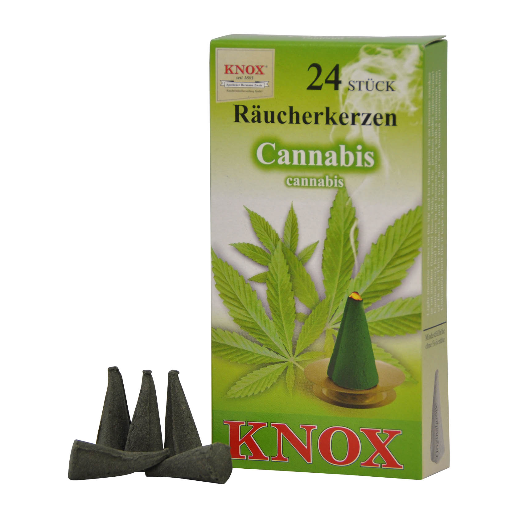 Verpackung von KNOX Räucherkerzen mit Cannabis-Duft, zeigt grüne Räucherkegel neben Bild von Cannabispflanze und brennendem Kegel. im Dregeno Online Shop günstig kaufen