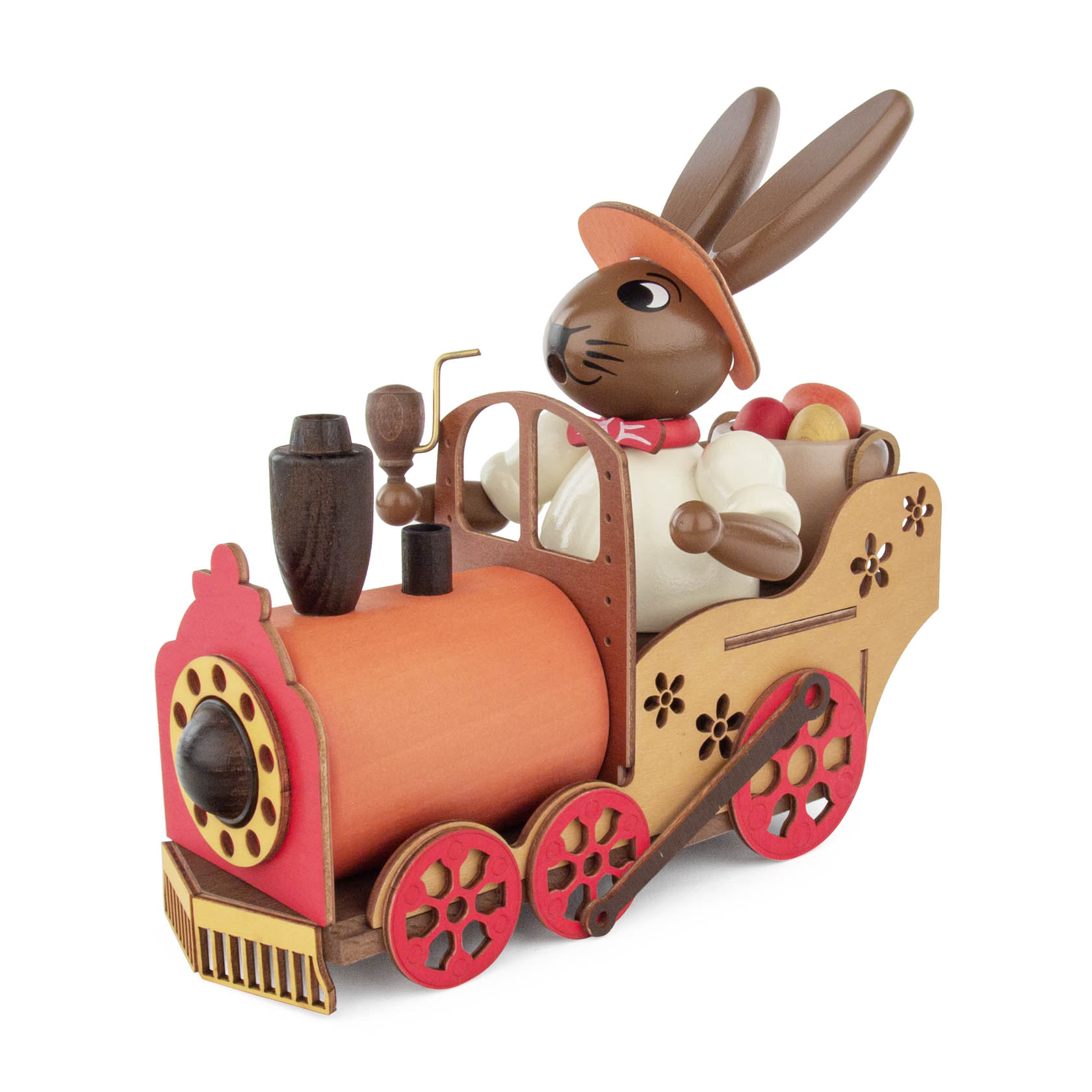 Dekorative Holzfigur eines sitzenden Hasen, der eine Pfeife raucht und eine Lokomotive fährt, mit Osterei und Blumenmuster. im Dregeno Online Shop günstig kaufen
