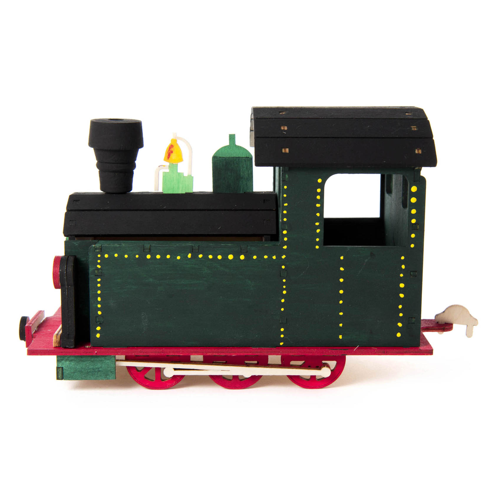 A handcrafted incense burner shaped like a green locomotive on a base, with a black roof and red wheels, designed to look like a small train engine.