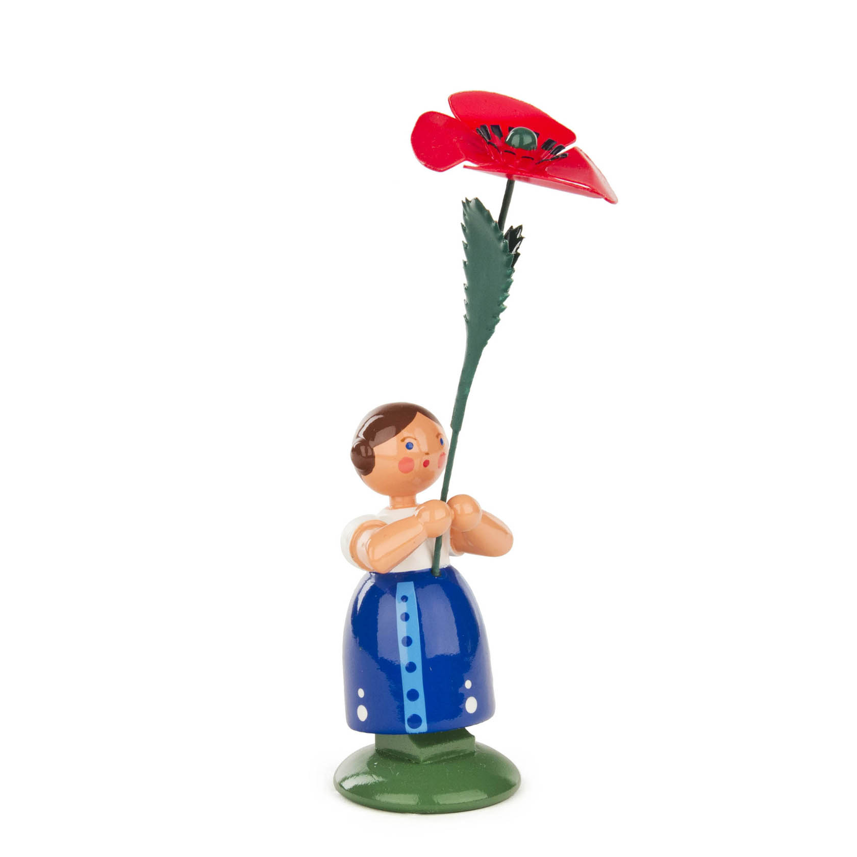 Holzfigur eines Mädchens in blauer Tracht hält eine große rote Mohnblume. im Dregeno Online Shop günstig kaufen