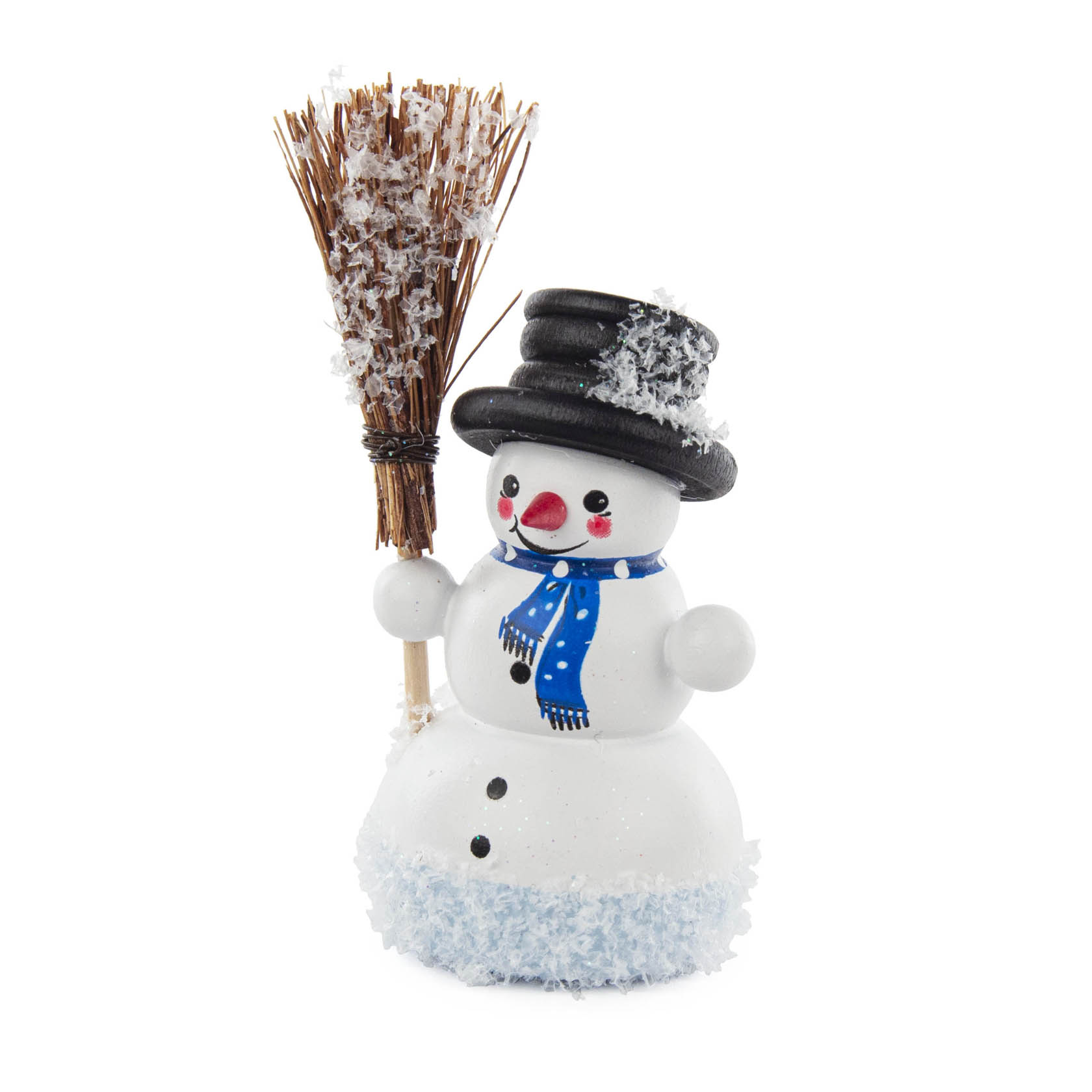 Niedlicher Schneemann aus Kunststoff mit schwarzem Zylinder, blauem Schal und roter Nase, hält einen Schneebesen aus Holz und trägt Schneeglitzer. im Dregeno Online Shop günstig kaufen