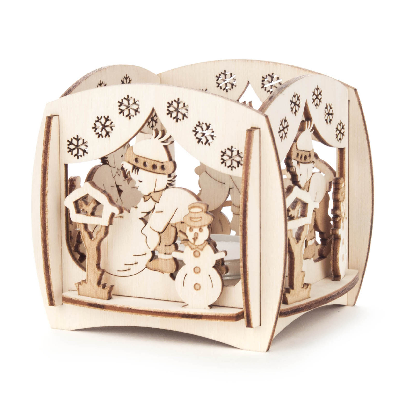 Holz-Teelichthalter mit winterlichem Motiv: Schneemann, Schnee und dekorative Details; passend für winterliche Dekorationen. im Dregeno Online Shop günstig kaufen