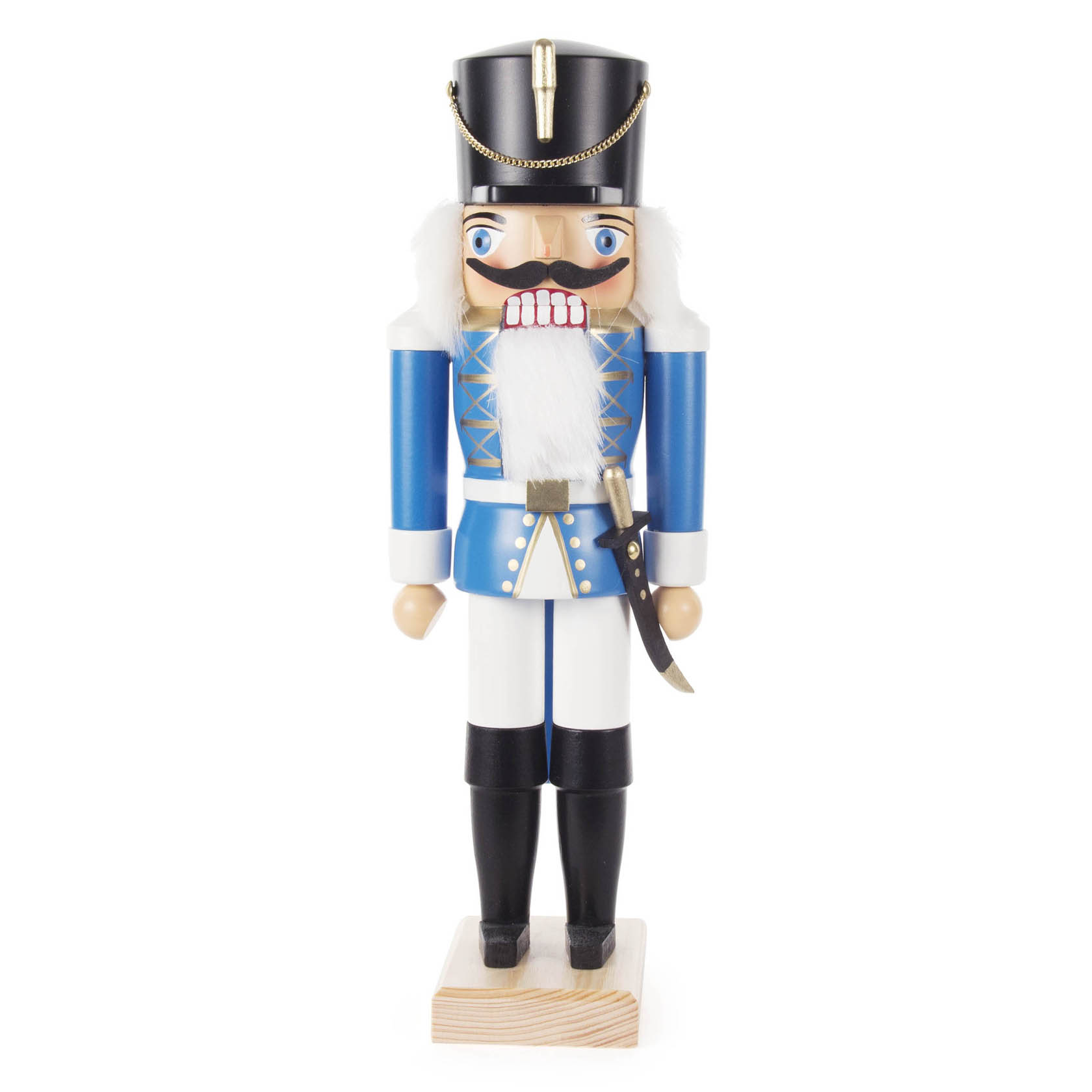 Blauer Nussknacker in Form eines Husaren mit schwarzem hohen Hut und Säbel, weißem Bart, blauer Uniform und schwarzen Stiefeln, 34 cm groß. im Dregeno Online Shop günstig kaufen