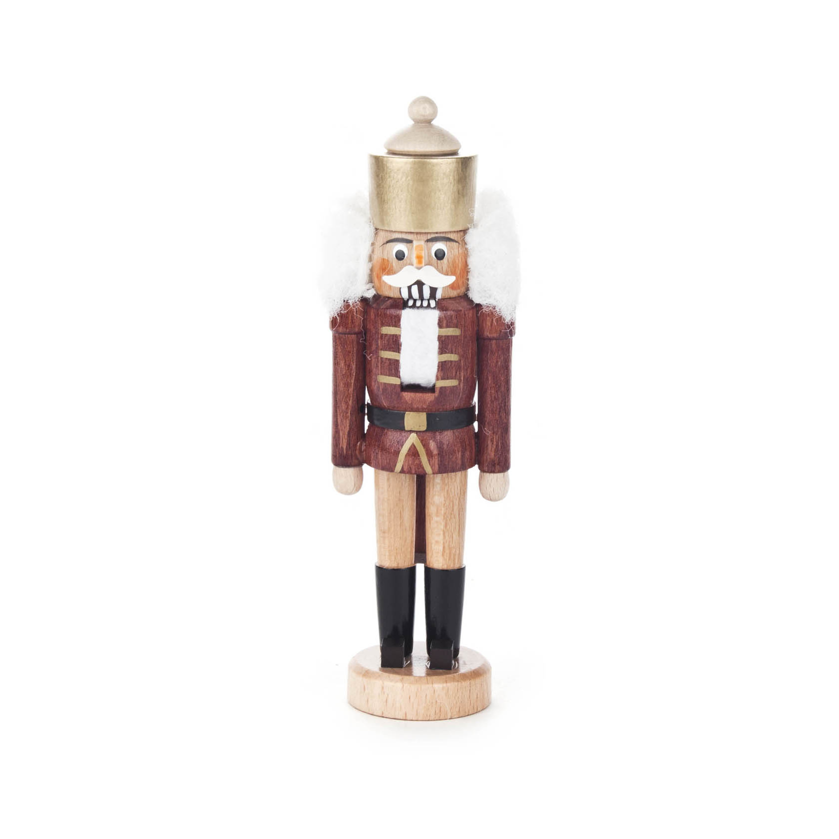 Holz-Nussknacker in Form eines Königs, 14cm hoch, naturbelassen mit weißem Bart, roter Jacke und schwarzem Hut. im Dregeno Online Shop günstig kaufen