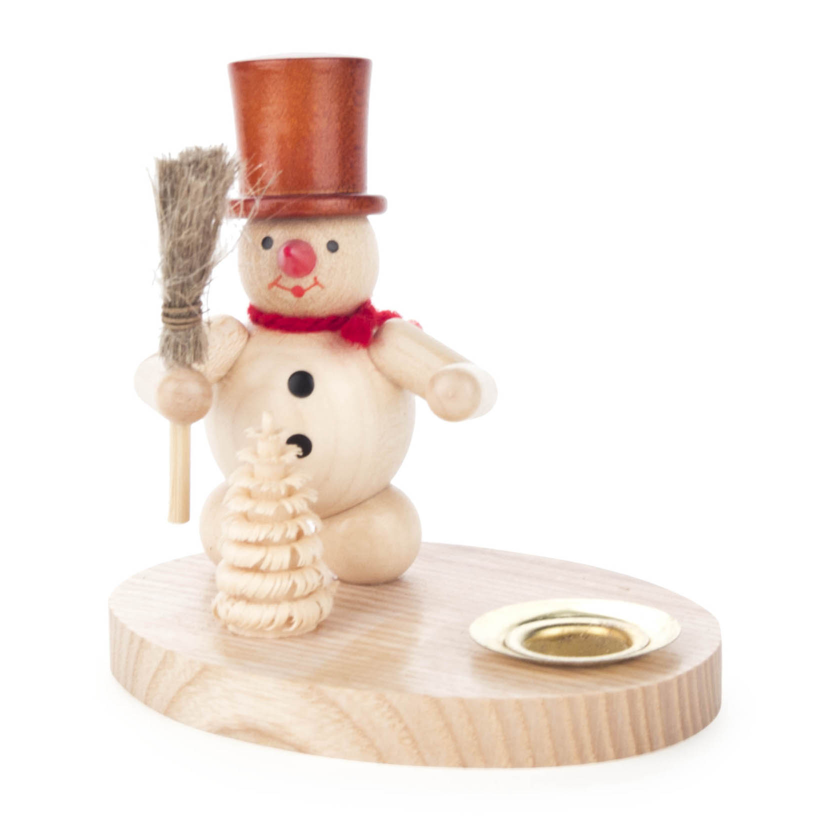 Holz-Schneemann-Kerzenhalter mit rotem Schal und Besen, auf ovaler Basis mit Halterung für eine 14mm Kerze. im Dregeno Online Shop günstig kaufen