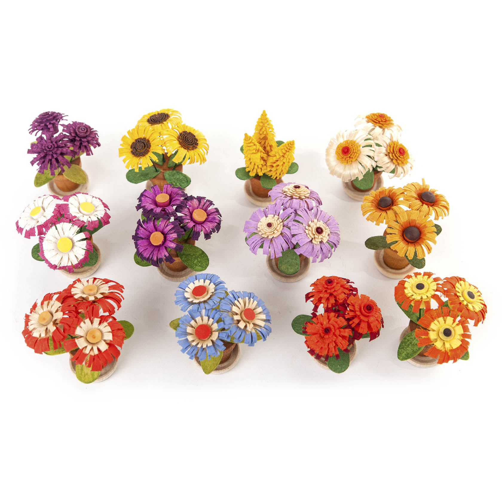 Zwölf kleine Blumenstöcke mit farbigen Blüten aus verschiedenen Blumenarten in mehreren Farben auf weißen Hintergrund.