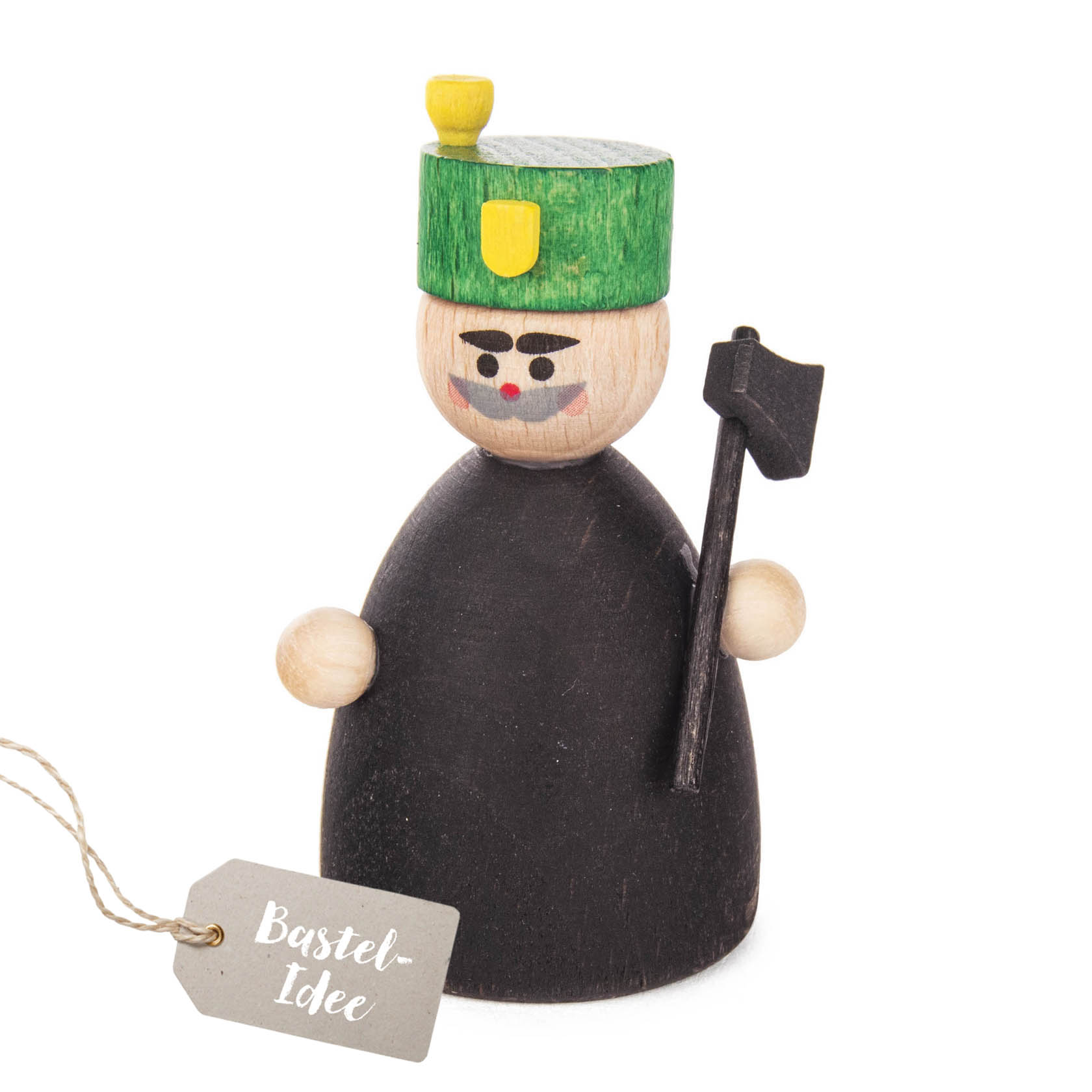 A small wooden miner figurine, approximately 5cm tall, with a green helmet, holding a black pickaxe, and painted facial features. im Dregeno Online Shop günstig kaufen