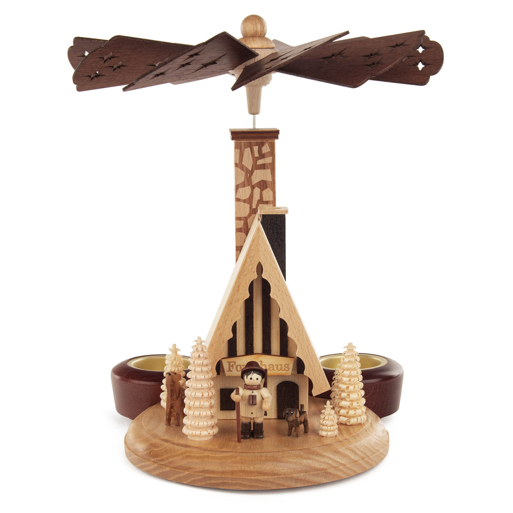Räucherpyramide aus Holz mit Forsthausdesign, zwei Teelichtplätzen, Weihnachtsbaumfiguren, und einem sich drehenden Flügelrad. im Dregeno Online Shop günstig kaufen