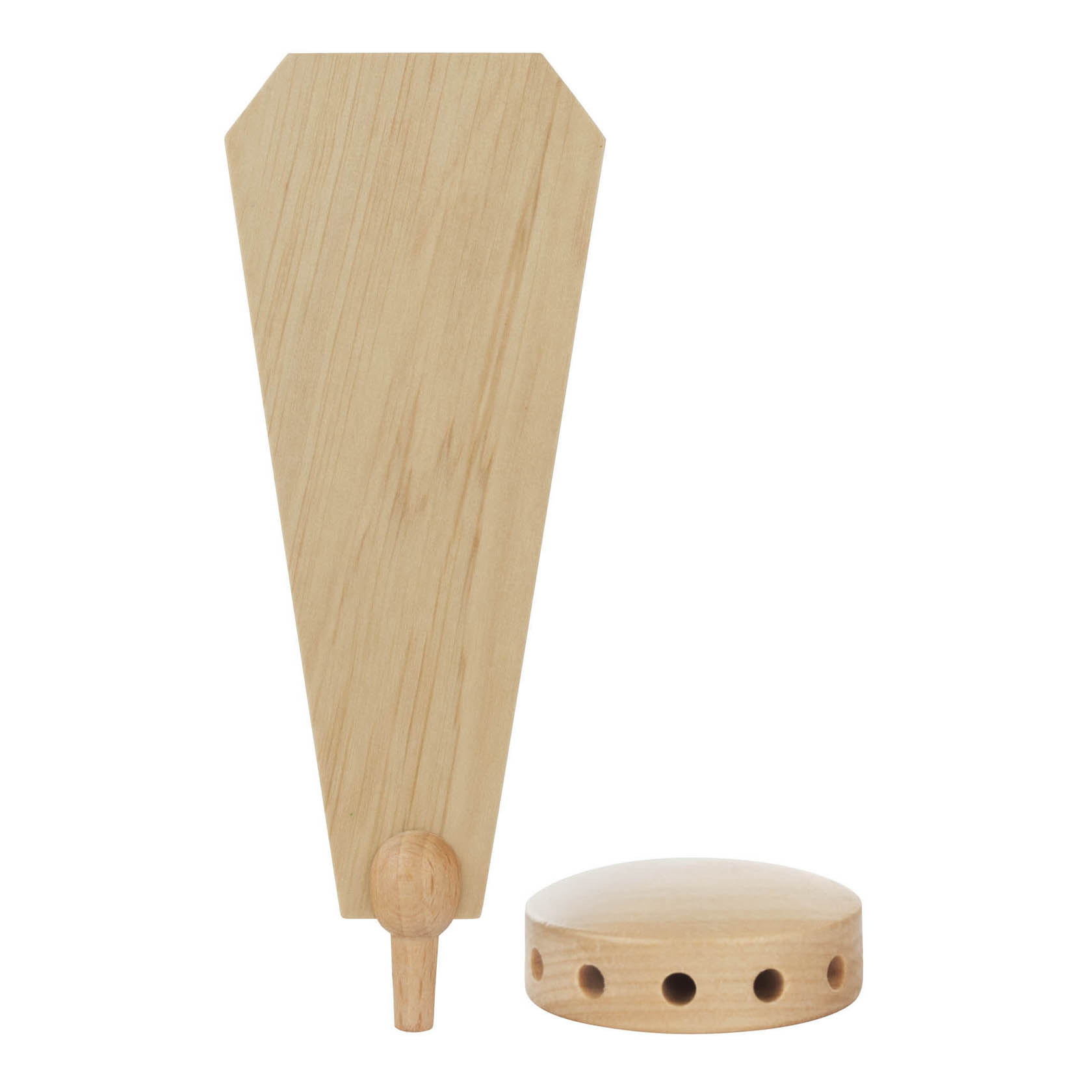 Holzflügelrad bestehend aus einem breiten, flachen Flügel mit Holzstab und einer runden Holzkappe mit vier Bohrungen.