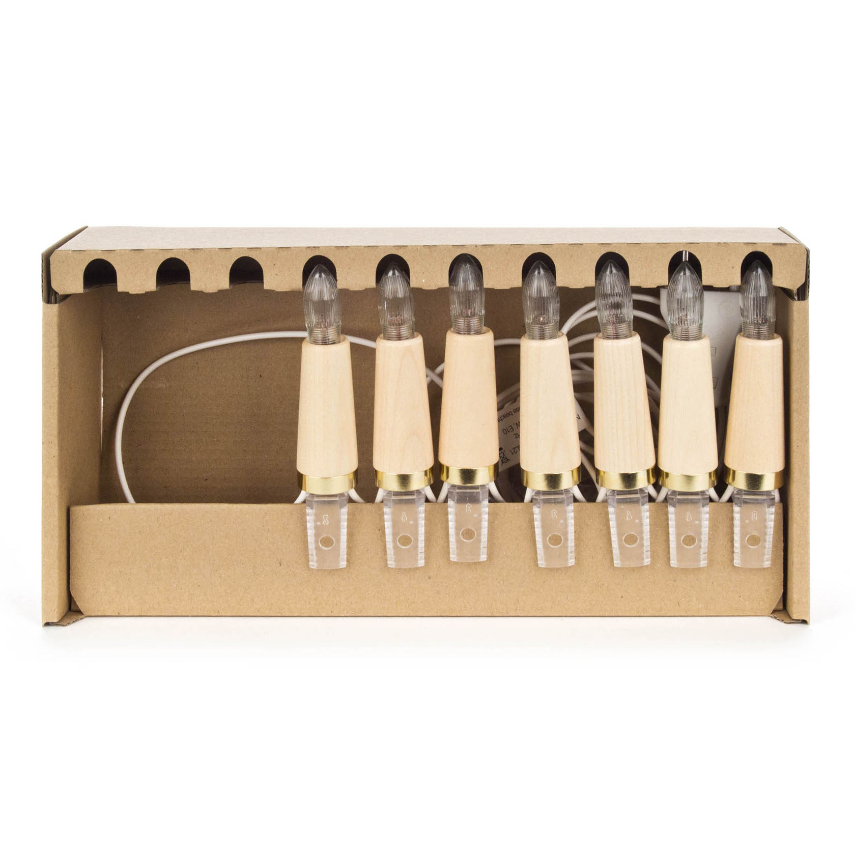 Set von sieben elektrischen Kerzen in einem Karton, jede mit einem Holzkorpus aus Ahorn und einem transparenten Kunststoffsockel.