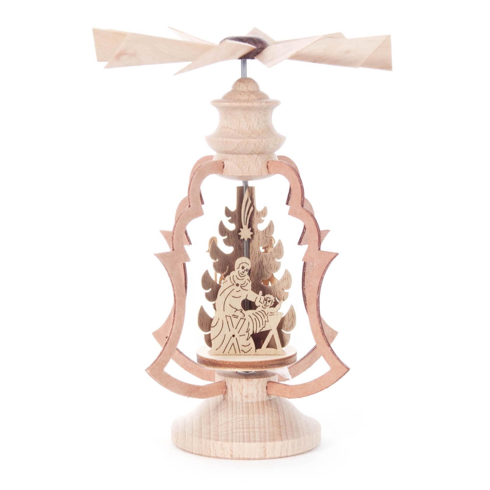 Handgeschnitztes Wärmespiel aus Holz mit Darstellung der Geburt Christi. Figuren zeigen Maria und Josef mit dem Jesuskind. Oben ein Propeller, der sich dreht. im Dregeno Online Shop günstig kaufen
