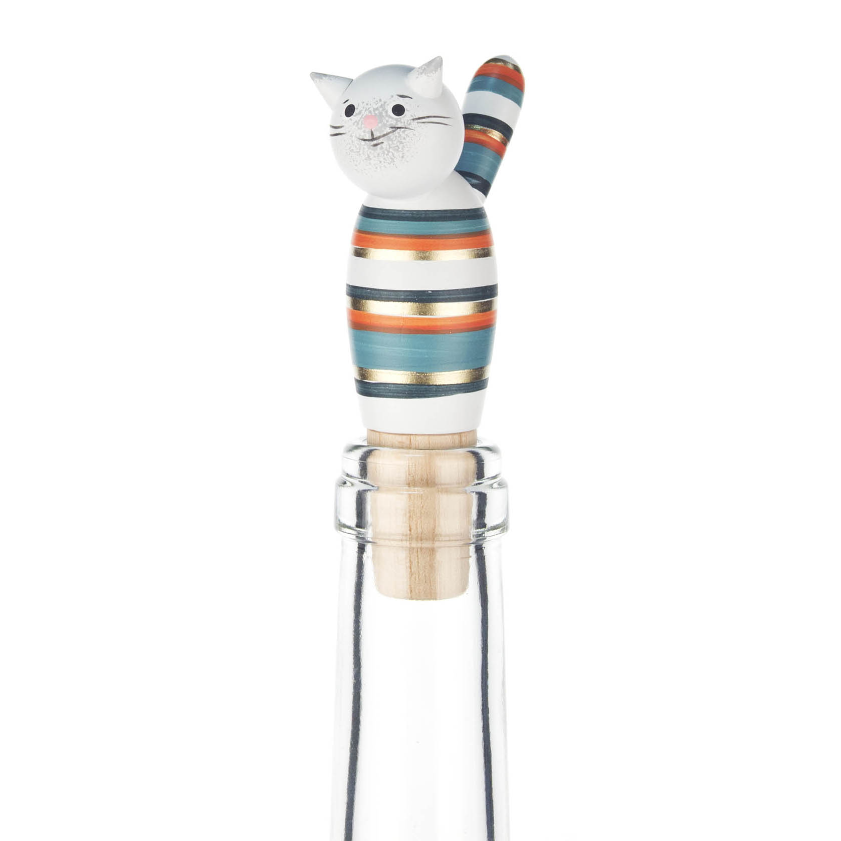 Flaschenverschluss in Form eines lächelnden Katers mit türkis-orange-goldenen Streifen, der auf einer Flasche sitzt. im Dregeno Online Shop günstig kaufen