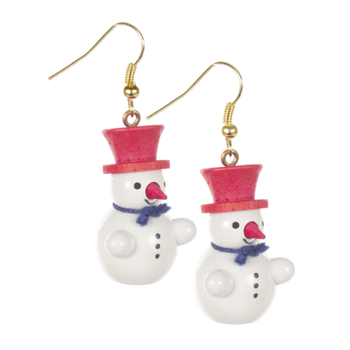 Earrings shaped like snowmen with red top hats, decorated with blue scarves and buttons, displayed in a black jewelry case, lead and nickel-free. im Dregeno Online Shop günstig kaufen