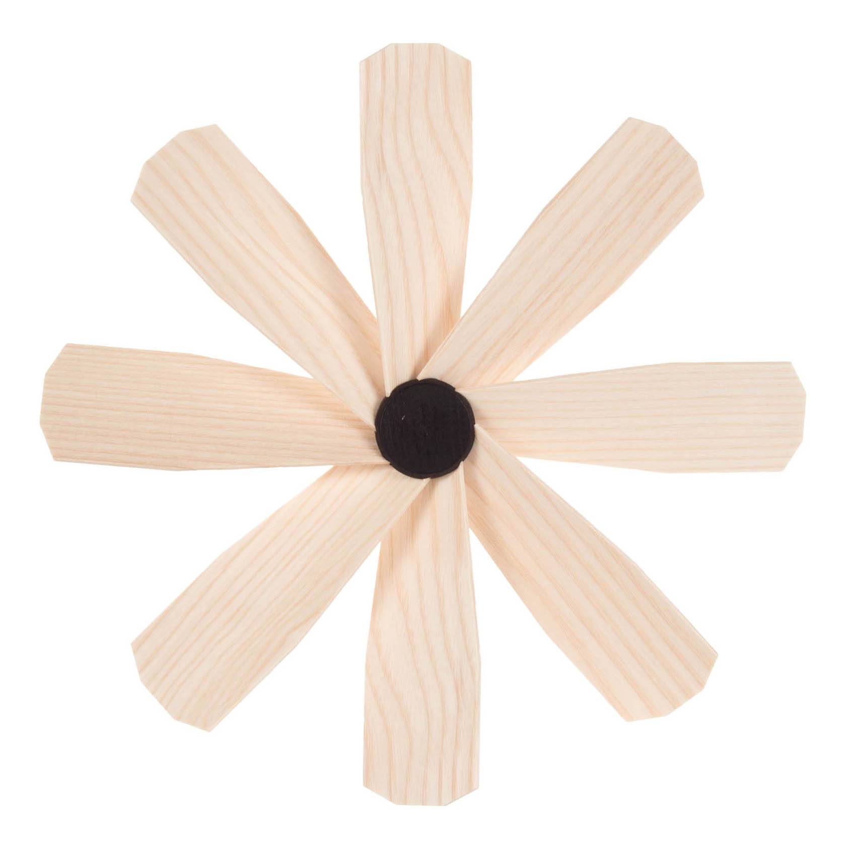 Holz-Flügelrad mit sechs gleichmäßigen, hellen Holzblättern, die sich um einen dunklen, runden Mittelpunkt gruppieren. im Dregeno Online Shop günstig kaufen