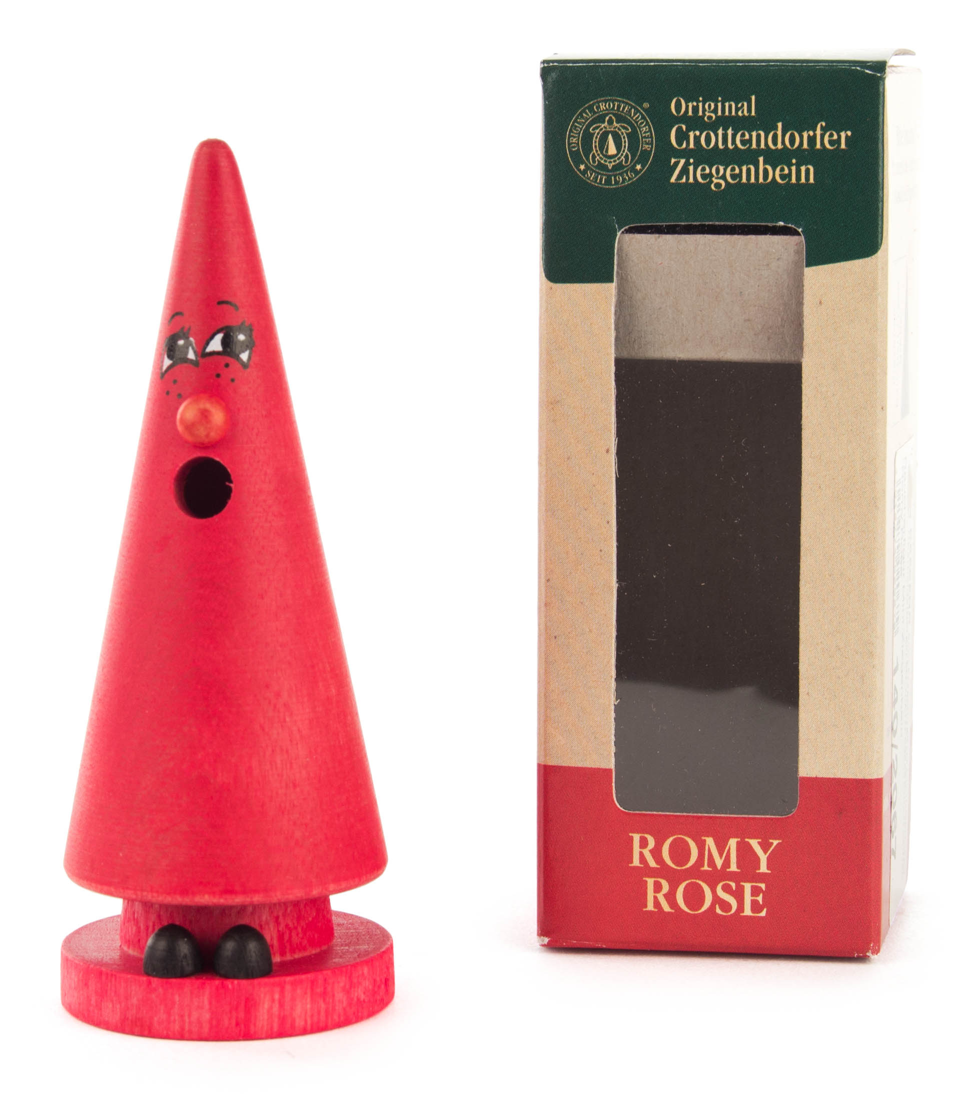 Eine rote, konische Räucherfigur mit Augen, Wimpern und Mund, auf einer runden Basis stehend. Daneben eine Verpackung mit der Aufschrift 'Romy Rose'.