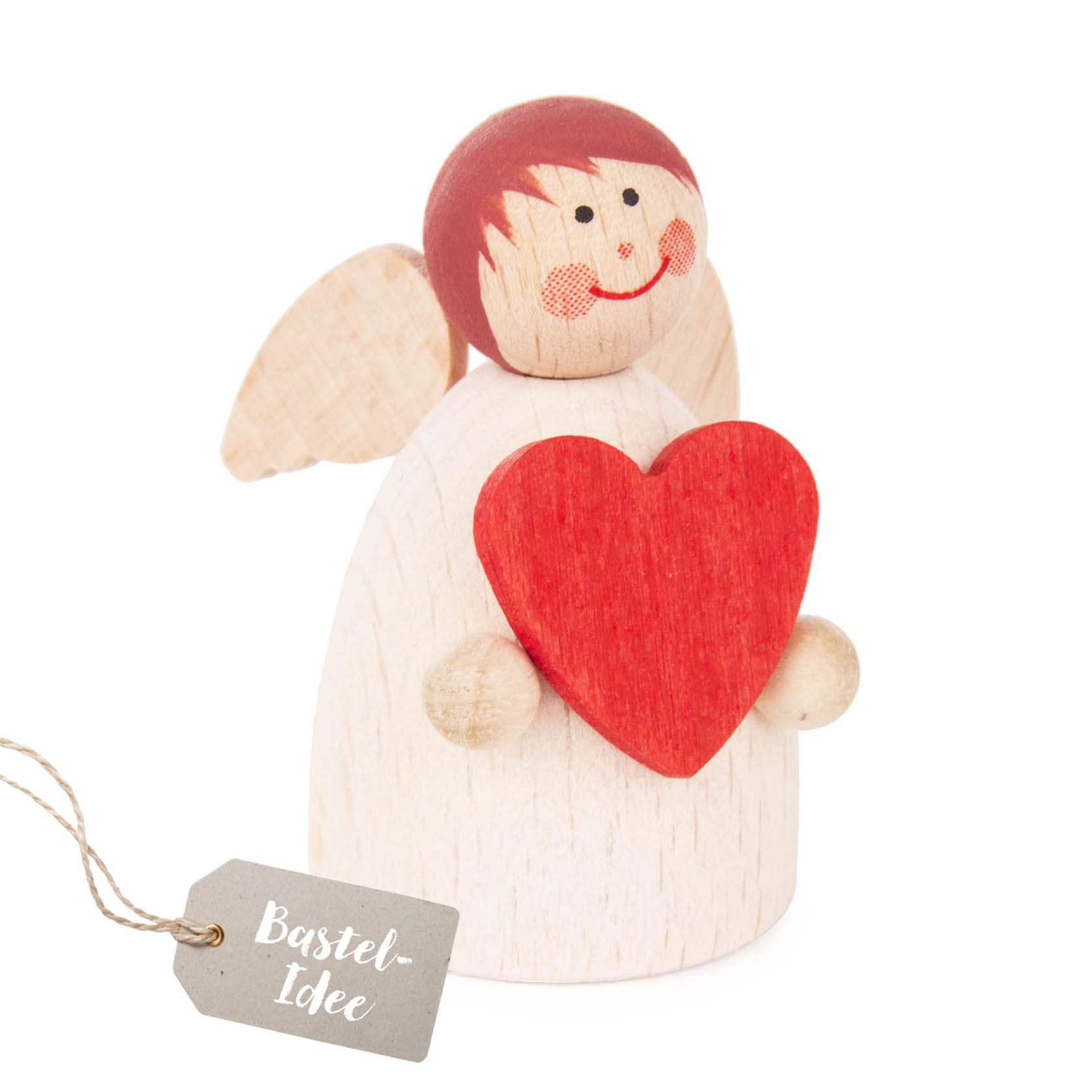 Ein weißer Holzengel von etwa 5 cm Größe mit roten Haaren, roten Wangen und einem großen roten Herz in den Händen. im Dregeno Online Shop günstig kaufen