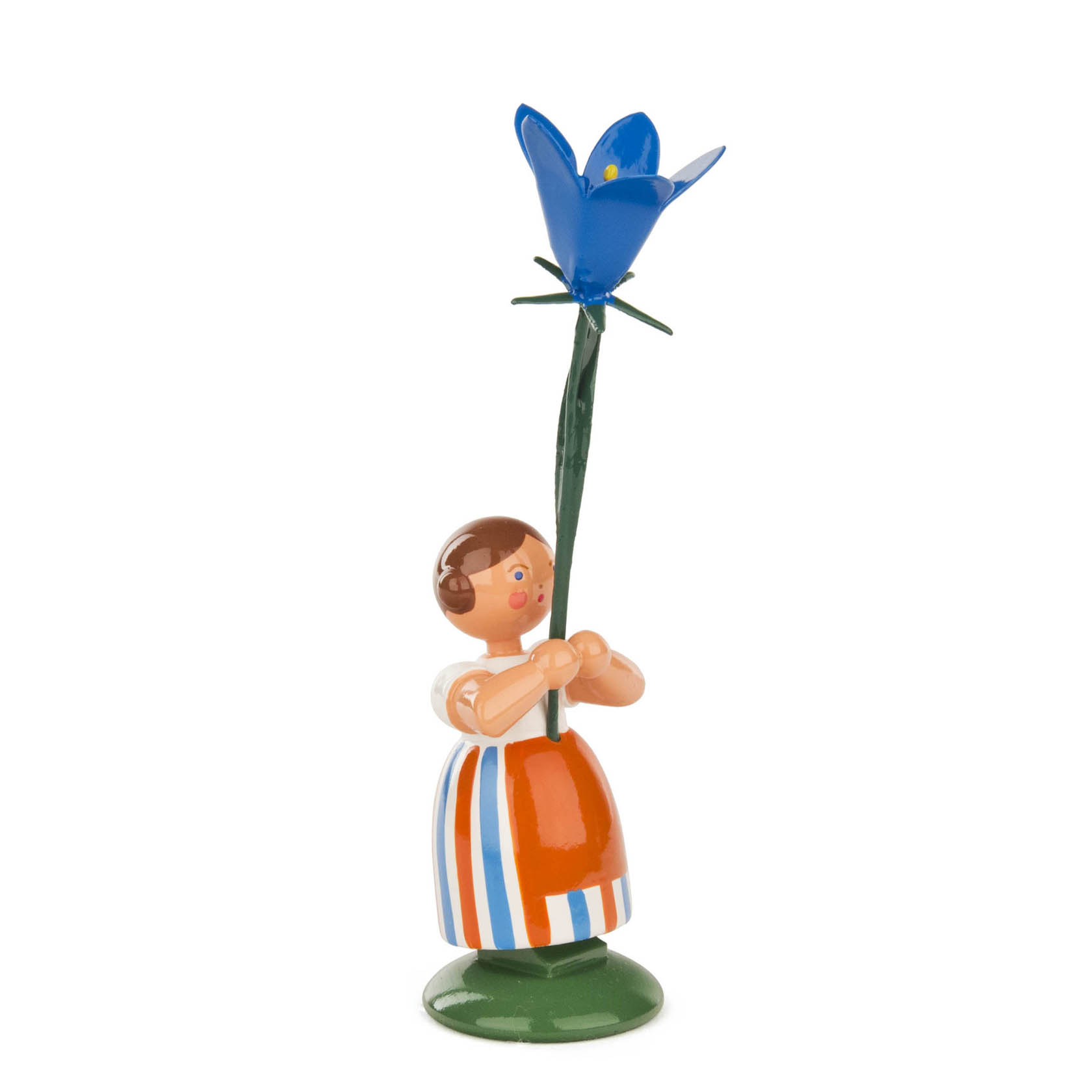 Holzfigur eines Mädchens in farbenfrohem Kleid, das eine große blaue Glockenblume hält. im Dregeno Online Shop günstig kaufen
