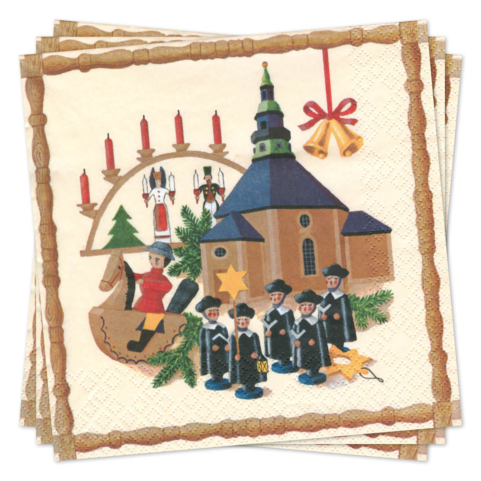 Serviette mit Abbildung der Seiffener Kirche, umgeben von fünf Holzfiguren in Tracht, einem Schwibbogen mit Engelfiguren und Kerzen sowie einem goldenen Glöckchen. im Dregeno Online Shop günstig kaufen