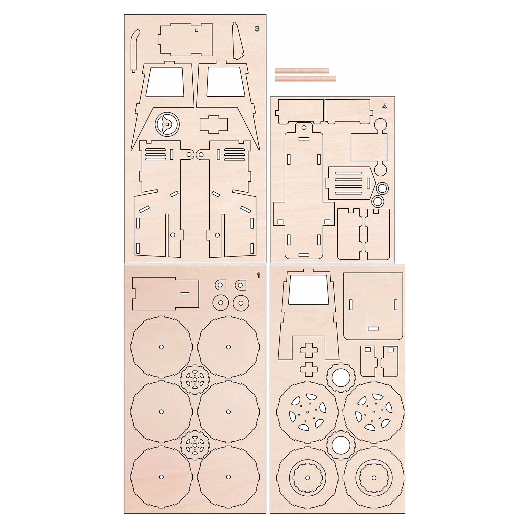 Wooden tractor model kit on a 13x8x11 cm board with pieces for assembly including wheels, tractor body, and additional parts.