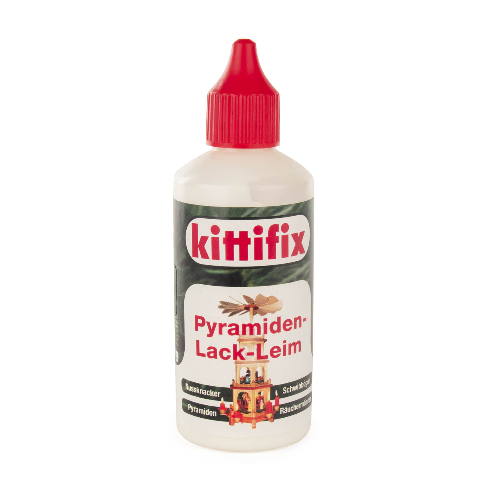 Flasche Kittifix Pyramiden-Lack-Leim mit rotem Verschluss und Etikett für Raucherfiguren, Pyramiden und Nussknacker im Dregeno Online Shop günstig kaufen