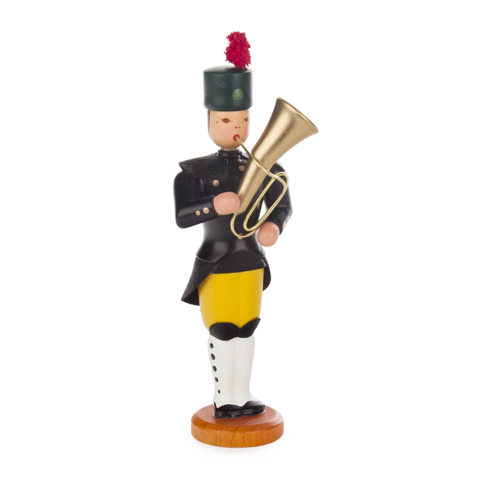 Holzfigur eines Bergmanns in traditioneller Tracht, der ein Tenorhorn hält. Die Figur trägt eine schwarze Jacke, gelbe Hosen und weiße Stiefel. im Dregeno Online Shop günstig kaufen