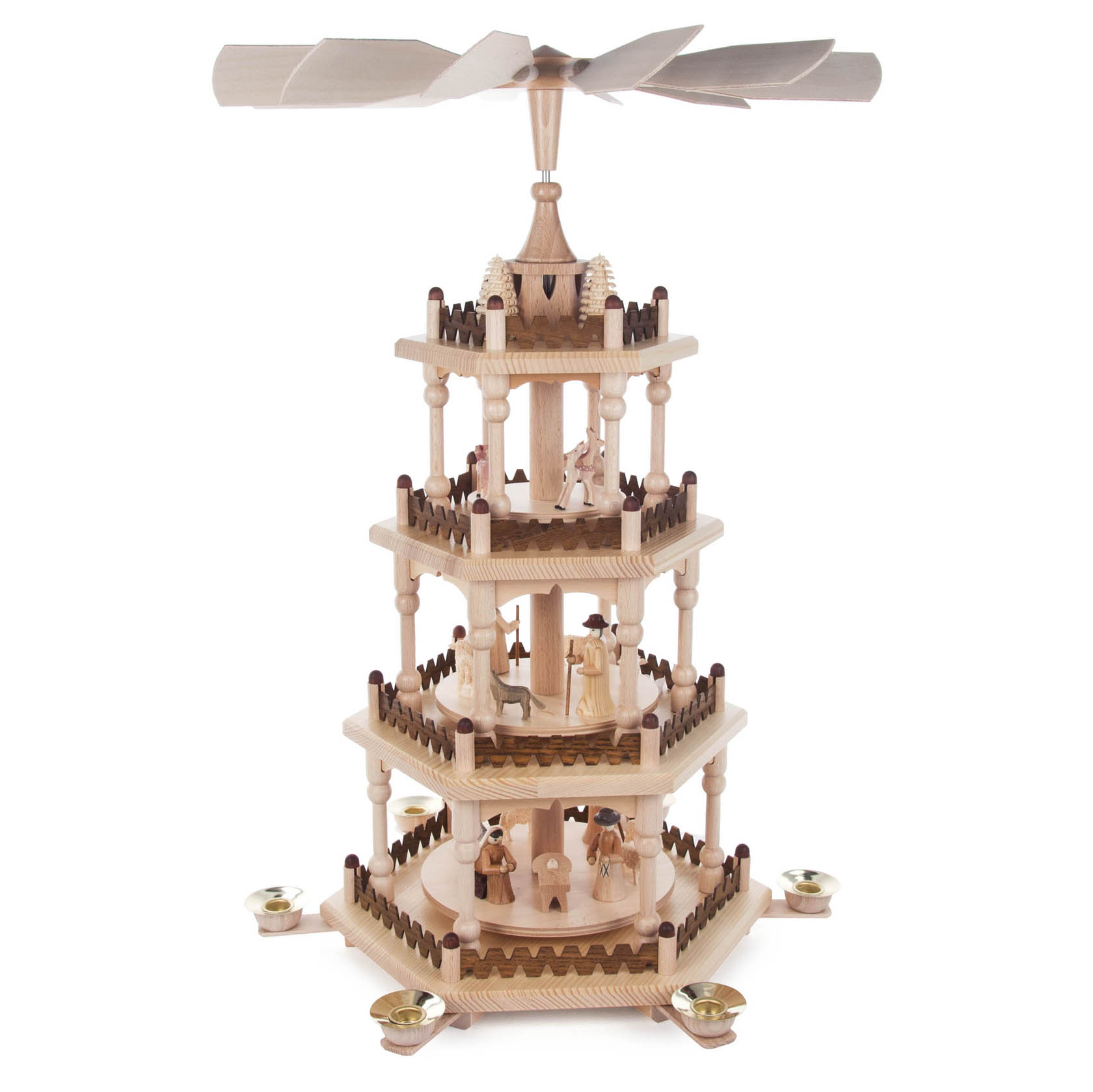 Holzpyramide in drei Ebenen, jede mit Figuren der Weihnachtskrippe; unten Hirten, Mitte heilige Familie, oben Engel. Angetrieben durch Kerzenwärme. im Dregeno Online Shop günstig kaufen