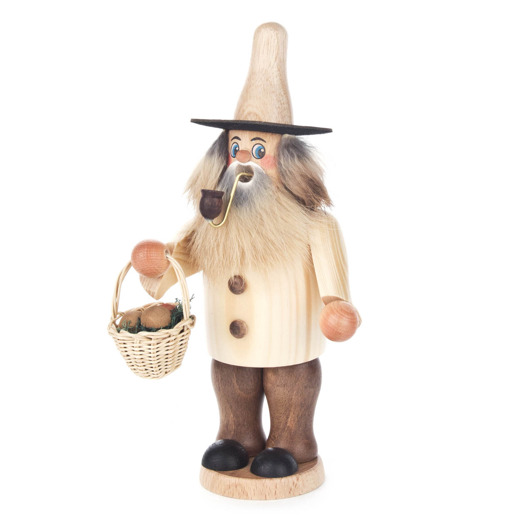 Holzfigur eines Räuchermanns als Pilzsammler mit Bart, Pfeife, schwarzem Hut und einem Korb voller Pilze. im Dregeno Online Shop günstig kaufen