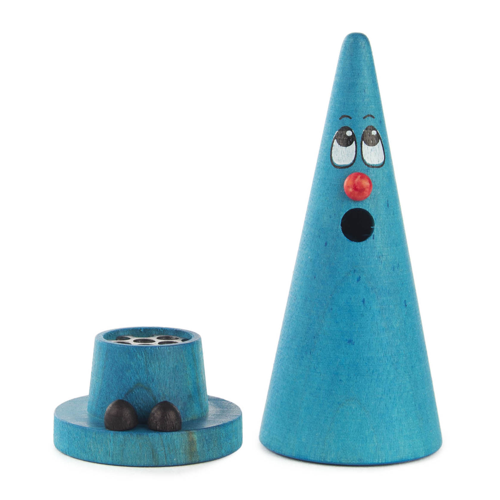 Räucherfigur in Form eines blauen Kegels mit Gesicht, roter Nase, verteilt auf zwei Teile.