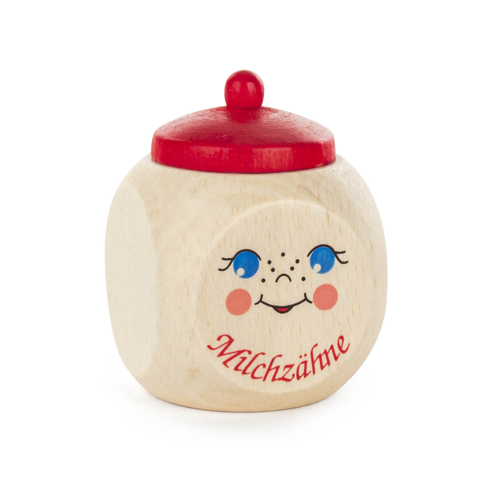 Holzdose mit Gesicht, rotem Deckel und dem Schriftzug 'Milchzähne'. im Dregeno Online Shop günstig kaufen
