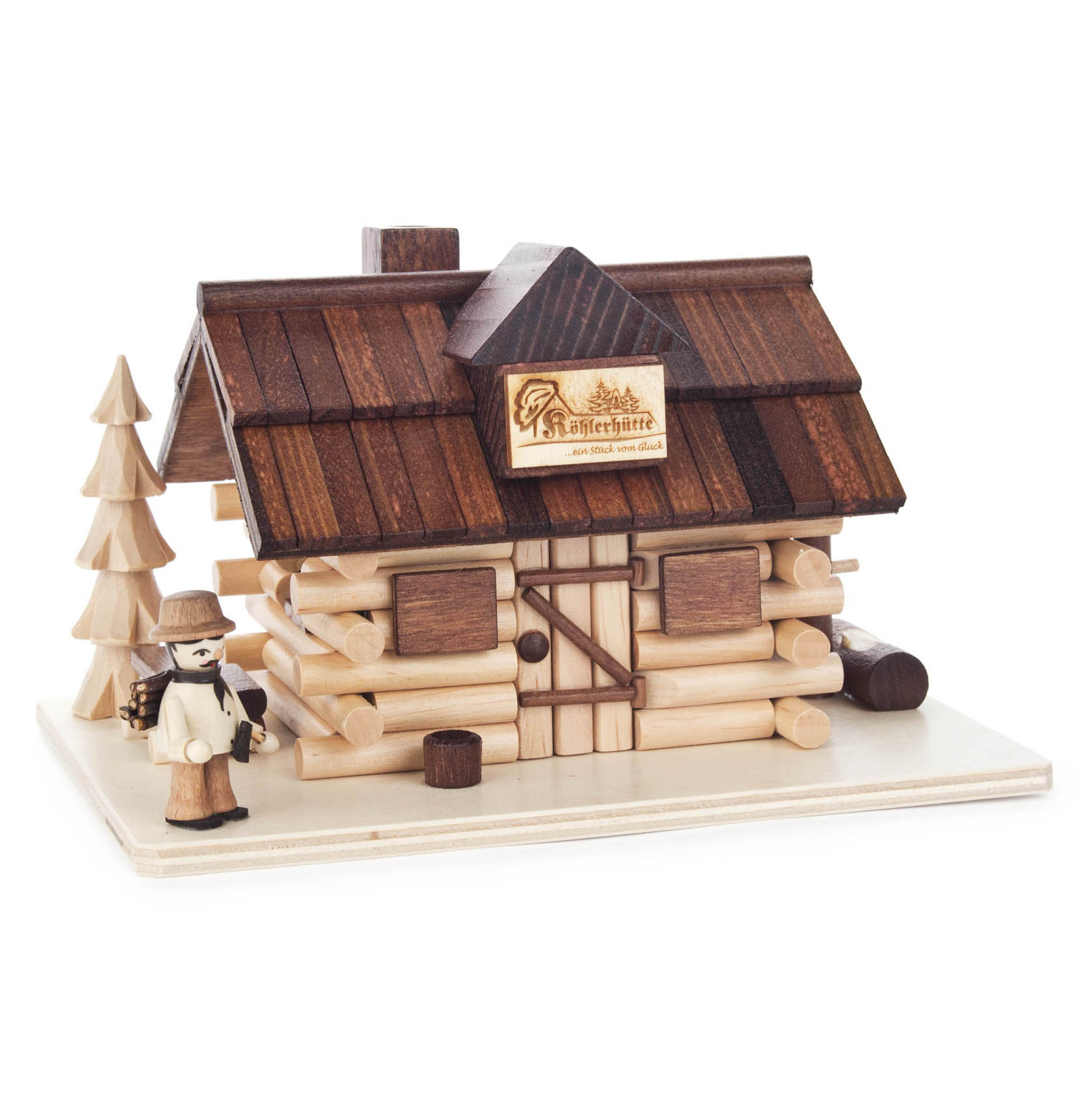 Ein Räucherhaus in Form einer Köhlerhütte aus Holz, mit Schornstein und Schindeldach, vor dem ein kleiner Waldarbeiter mit Hut und Mantel steht. im Dregeno Online Shop günstig kaufen