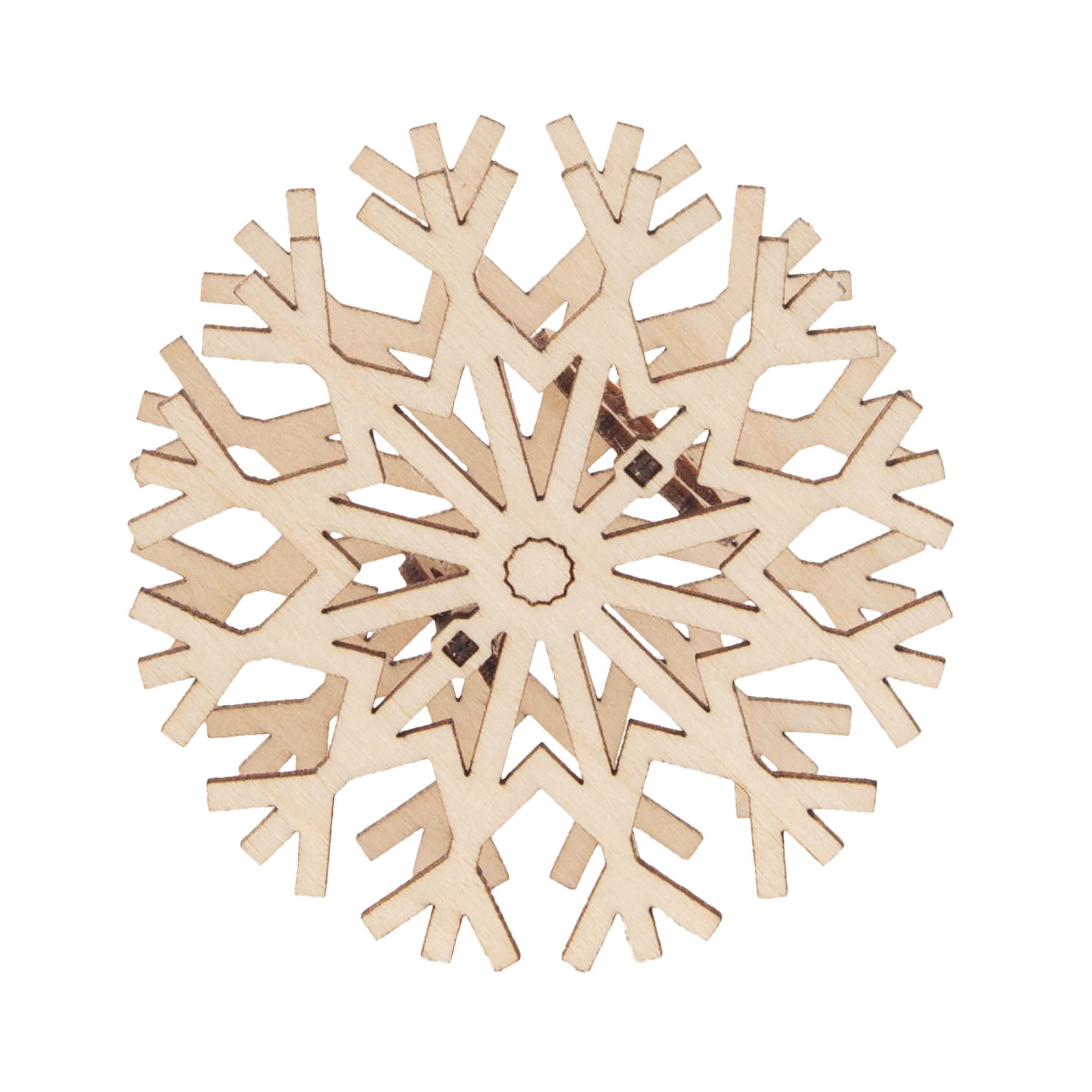 A wooden snowflake candle topper intricately cut to resemble a snow crystal with multiple symmetrical branches.