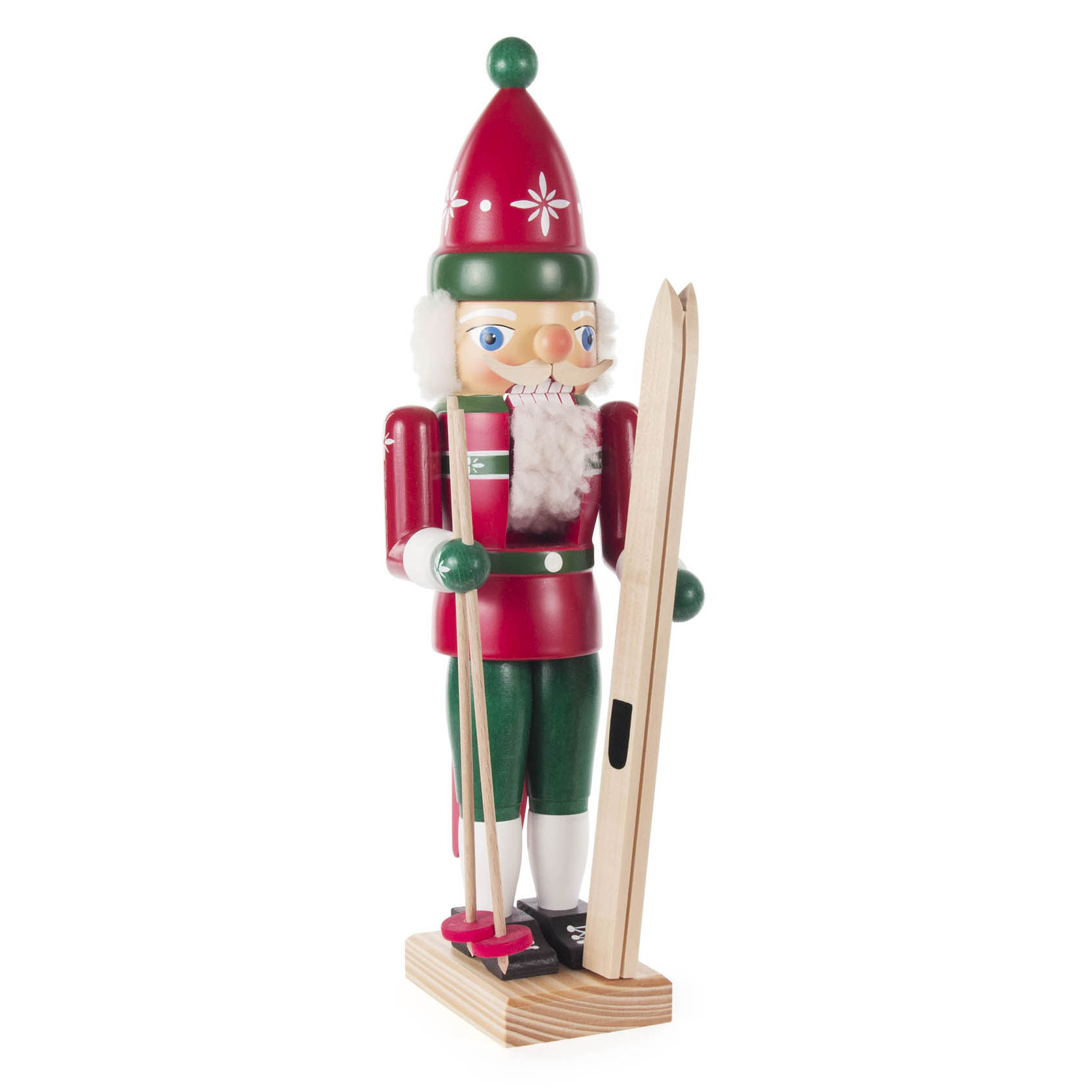 Ein 35 cm großer Nussknacker in Skifahrerform mit rotem Helm und Skiausrüstung, stehende Haltung.