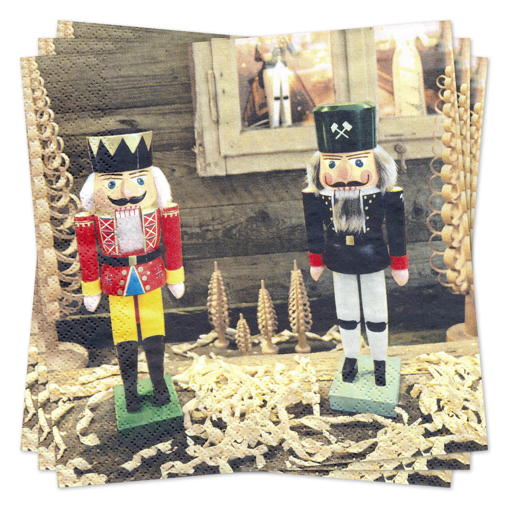 Zwei traditionelle Nussknacker-Figuren, eine in rotem und gelbem Kostüm mit Krone, die andere in schwarzer Uniform mit Bergmannshut, auf Servietten. im Dregeno Online Shop günstig kaufen