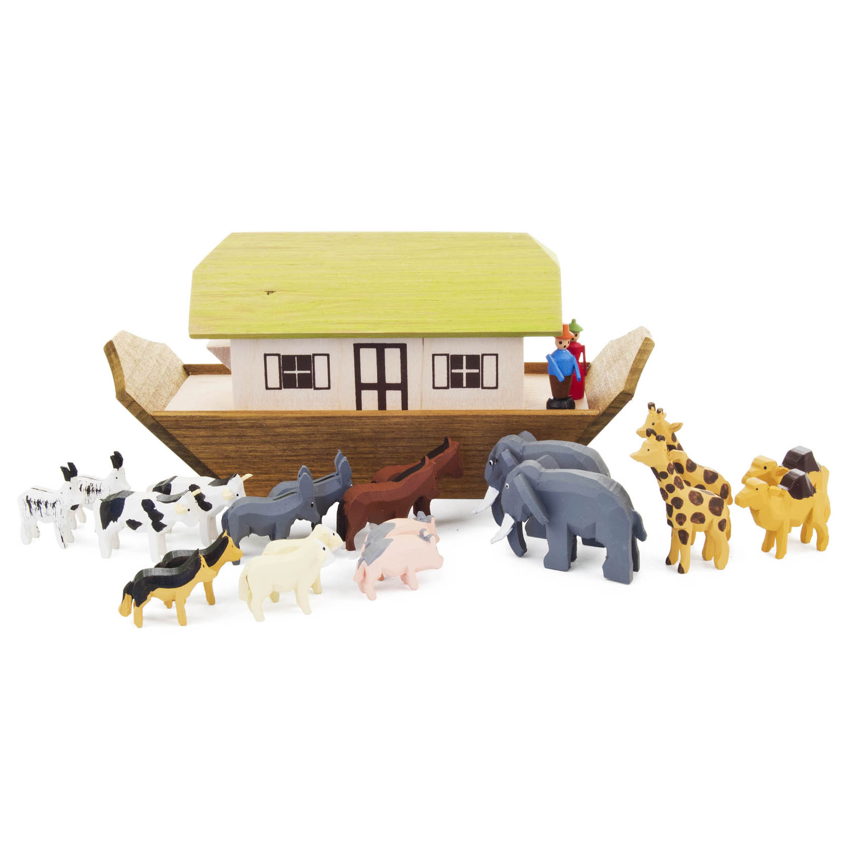 Holzmodell der Arche Noah mit einer Gruppe von Holztieren, darunter Giraffen, Elefanten, Kamele, Kühe, Schweine und Schafe, die zur Arche marschieren. im Dregeno Online Shop günstig kaufen