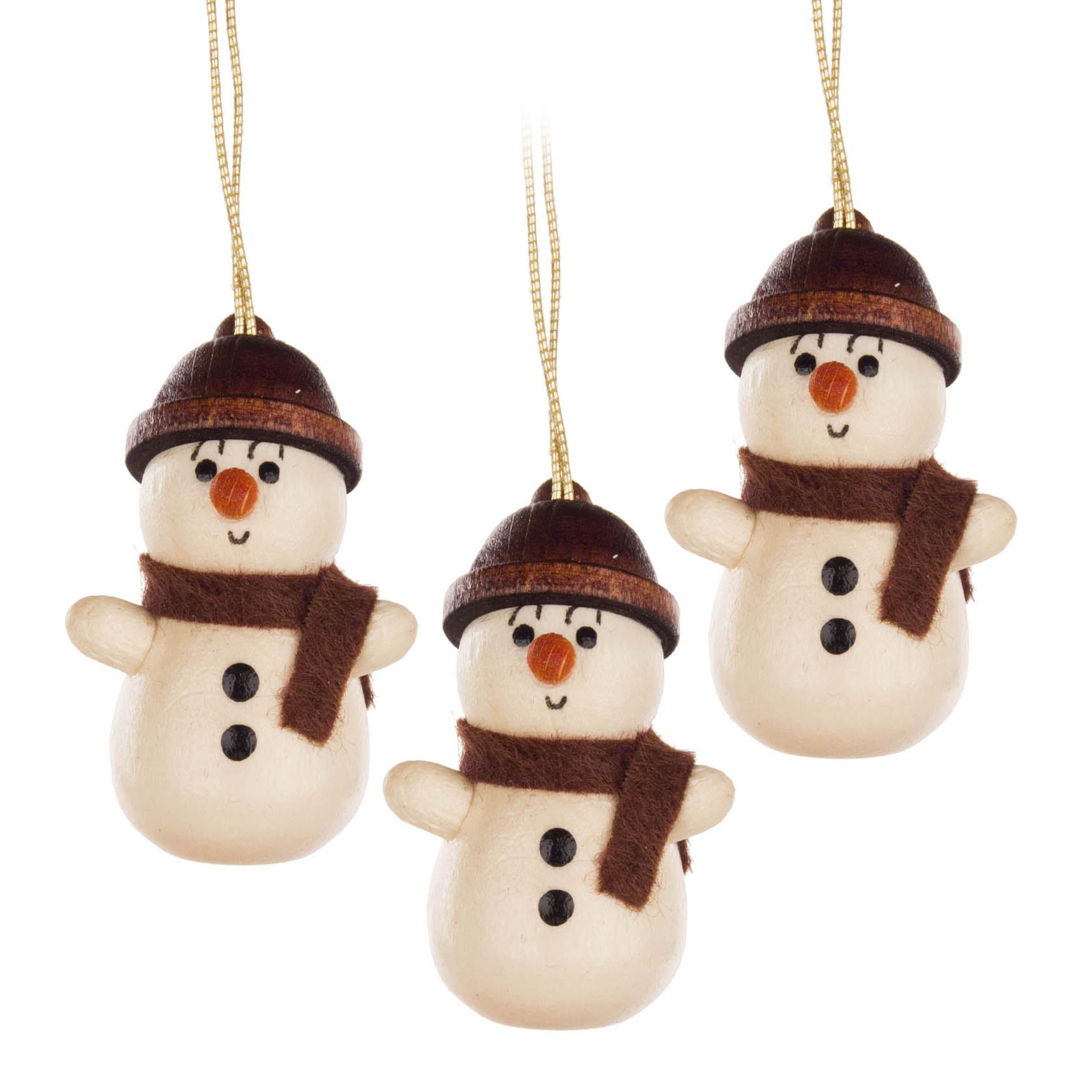 Drei kleine Schneemann-Anhänger mit braunen Hüten und Schals, lächelnd und nebeneinander hängend. im Dregeno Online Shop günstig kaufen