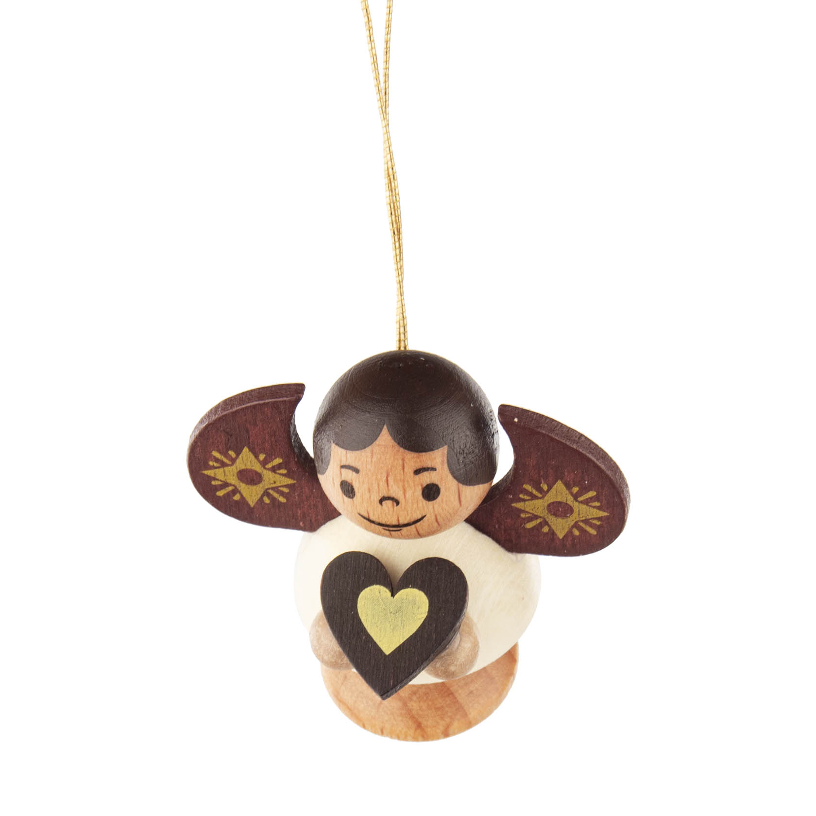 Holzengel mit braunen Flügeln und gelbem Herzen in der Hand, zum Aufhängen. im Dregeno Online Shop günstig kaufen