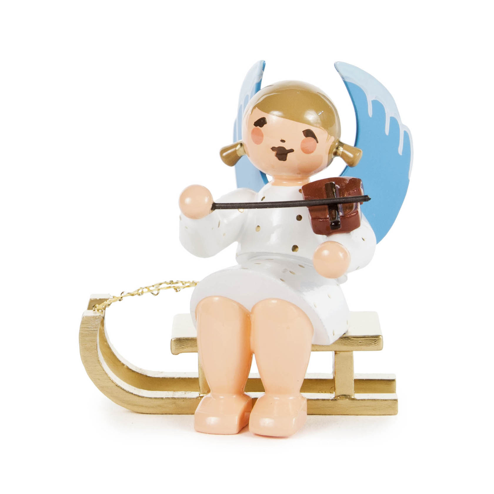 Figur: Ein Engel mit blauen Flügeln spielt Geige und sitzt auf einem goldenen Schlitten. im Dregeno Online Shop günstig kaufen