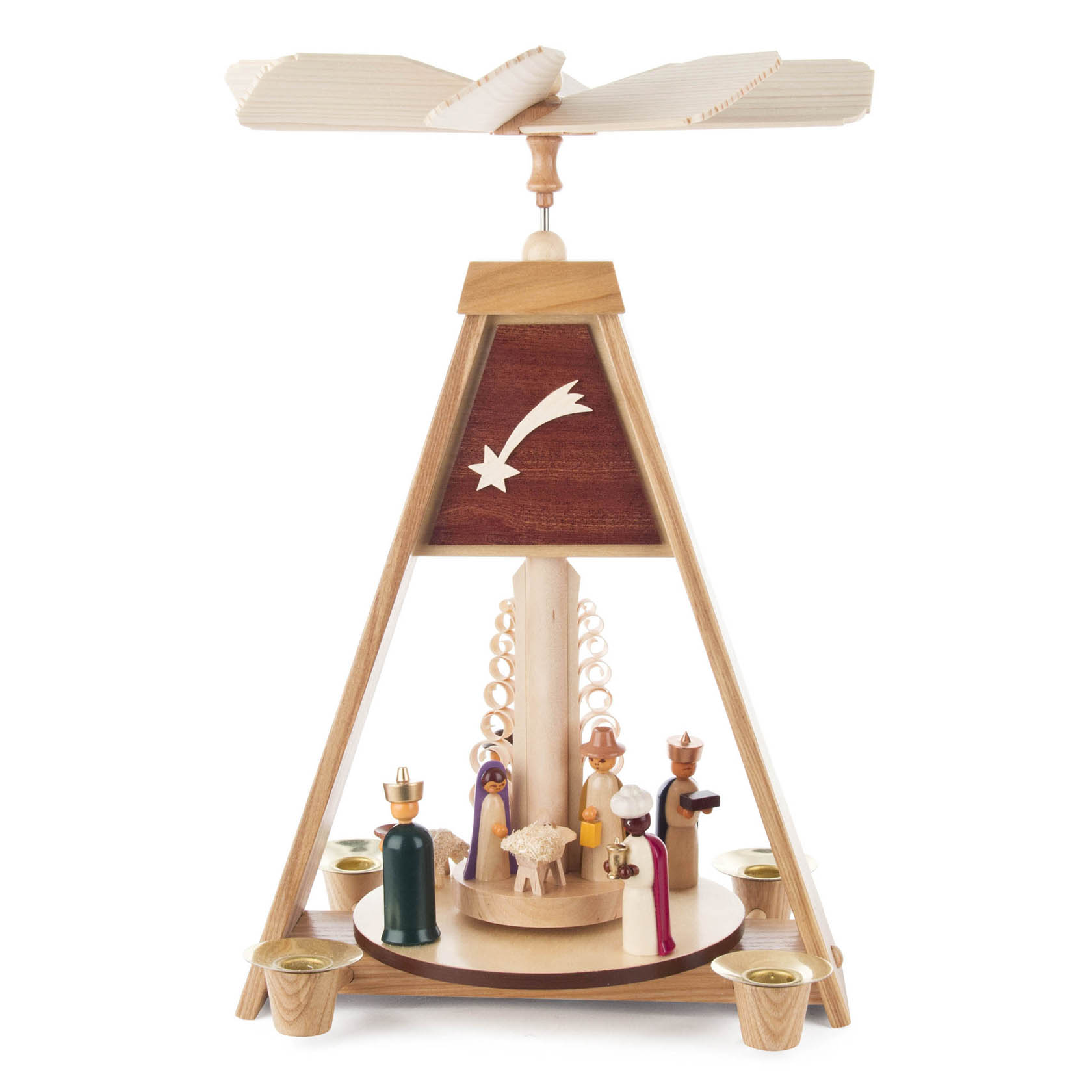 Holzpyramide mit der Szene der Geburt Christi, darunter farbige Figuren wie Maria, Josef und die Heiligen Drei Könige, für Kerzen mit 14 mm Durchmesser.