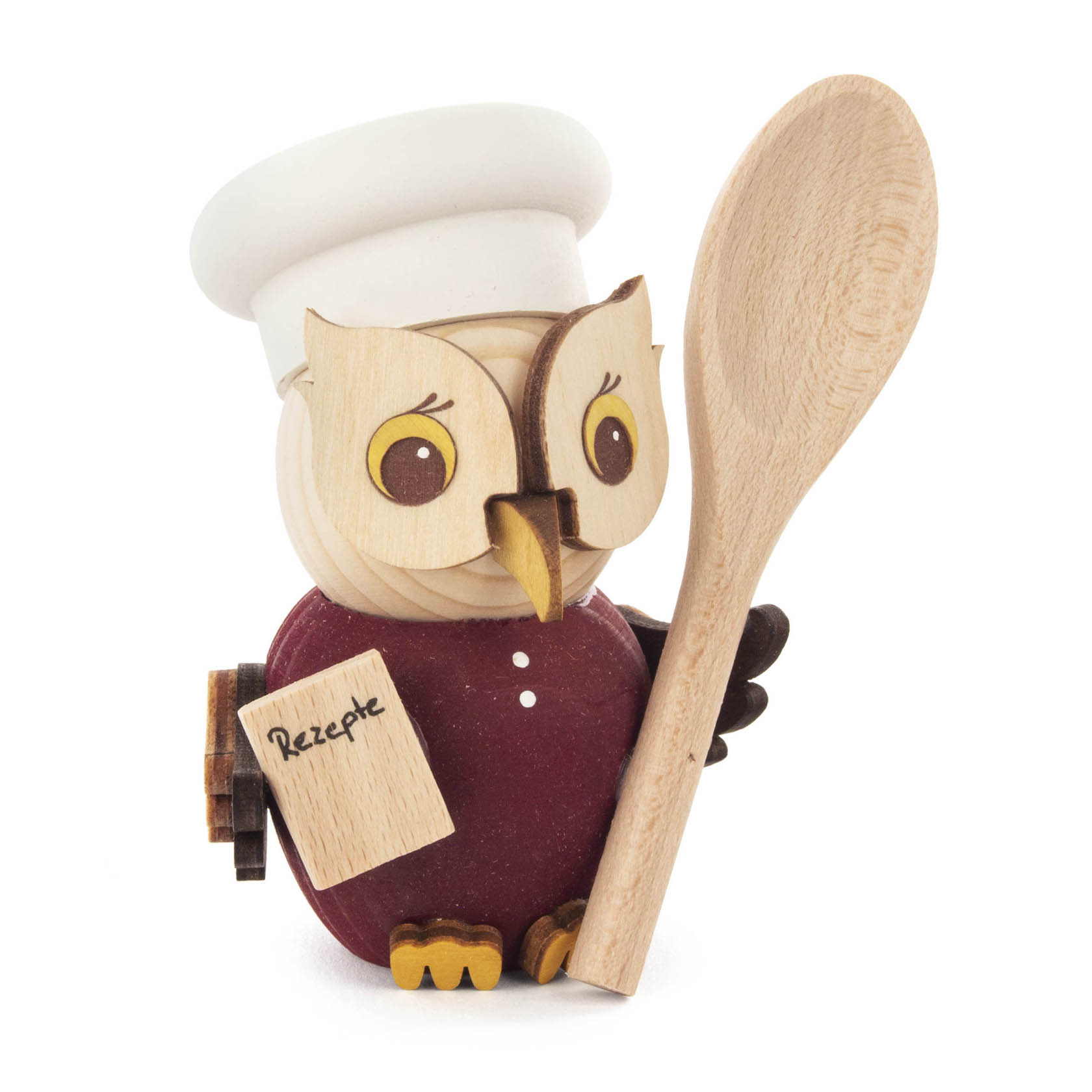 Holzfigur einer Eule als Koch, mit weißer Kochmütze, rotem Körper, Rezeptbuch in der Hand und großen Holzlöffel. im Dregeno Online Shop günstig kaufen