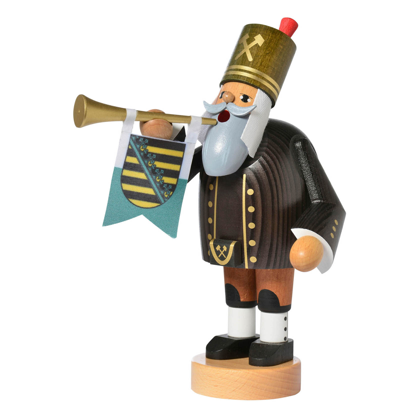 Handgeschnitzter Räuchermann in Form eines Bergmanns, der eine Trompete mit einem blau-gelben Wappen spielt. Er trägt eine traditionelle Bergmannsuniform. im Dregeno Online Shop günstig kaufen