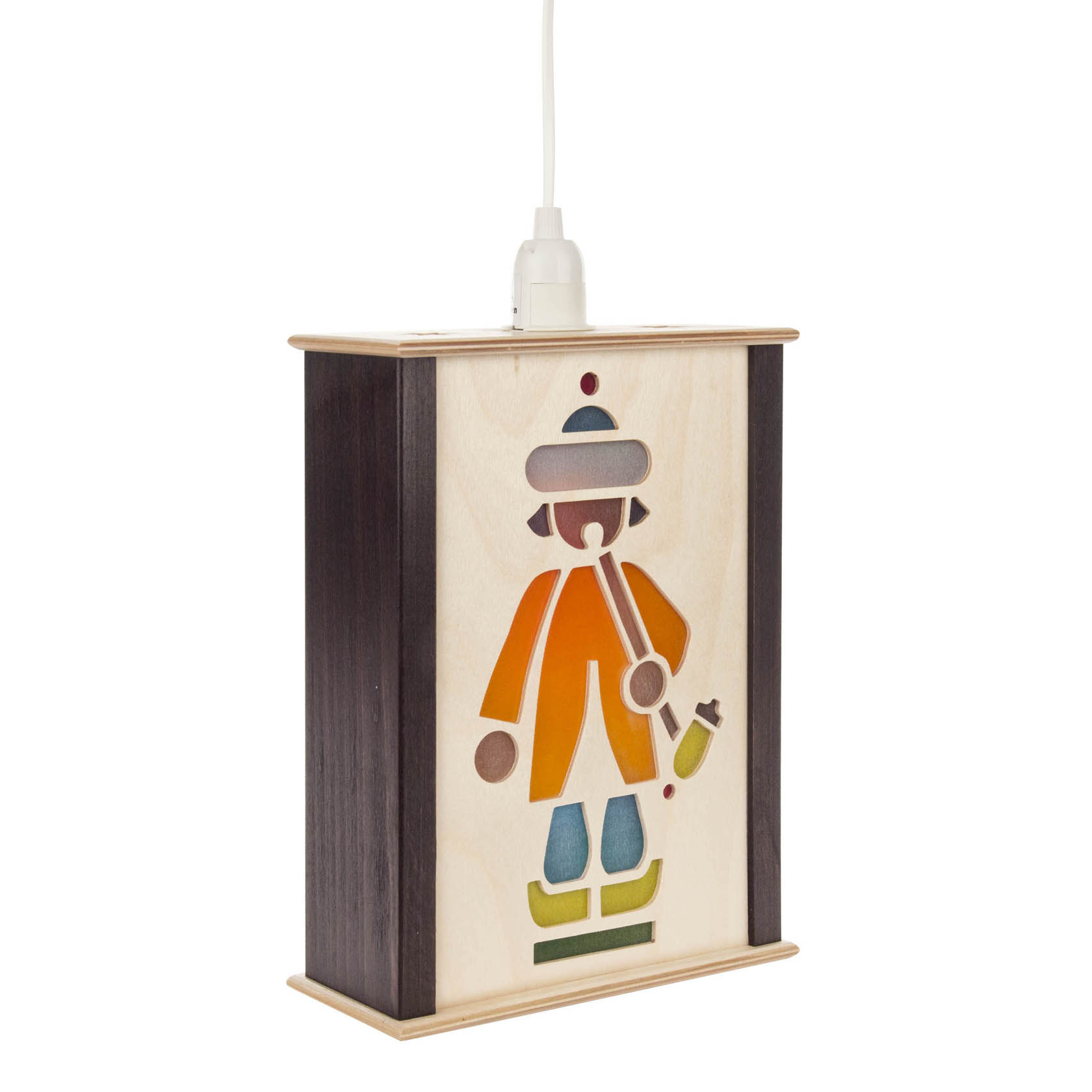 Kleine Fensterlaterne mit einem bunten Reitermotiv, zentral ein Reiter in traditioneller, farbig gestalteter Bekleidung mit Laterne in der Hand.