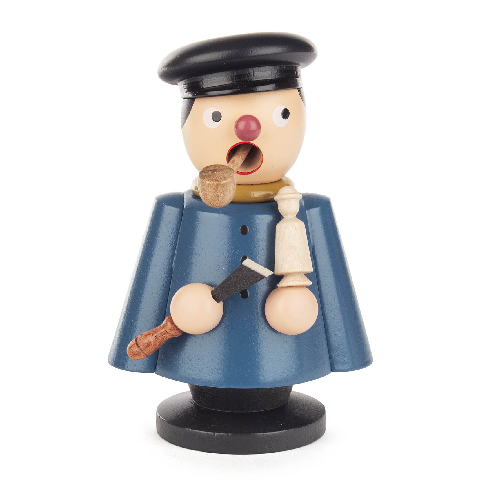 A wooden incense smoker figurine resembling a woodturner with a blue coat, black cap, holding a tool and a small turned wooden piece. im Dregeno Online Shop günstig kaufen